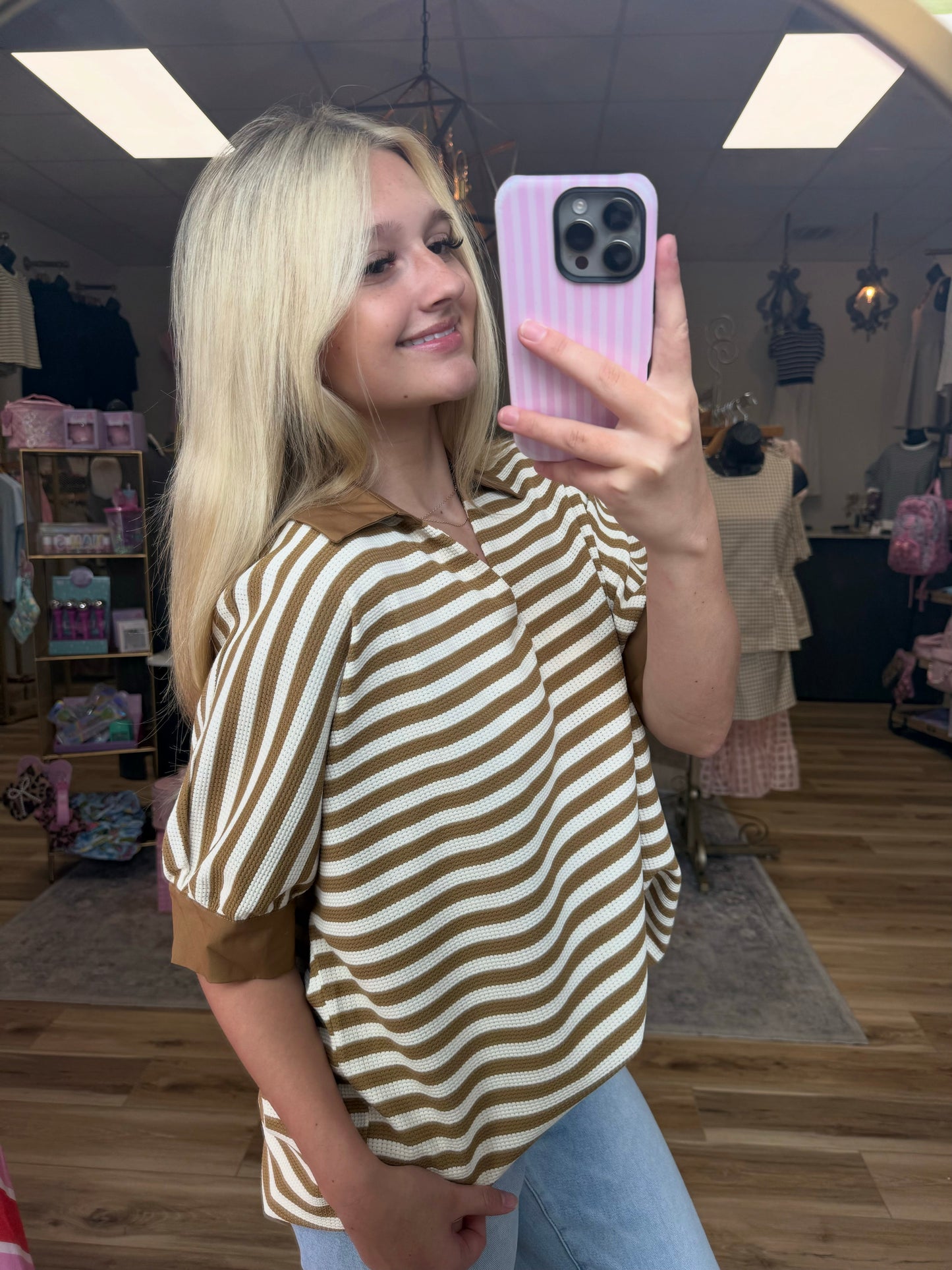 Brown/White Striped Collared Tee