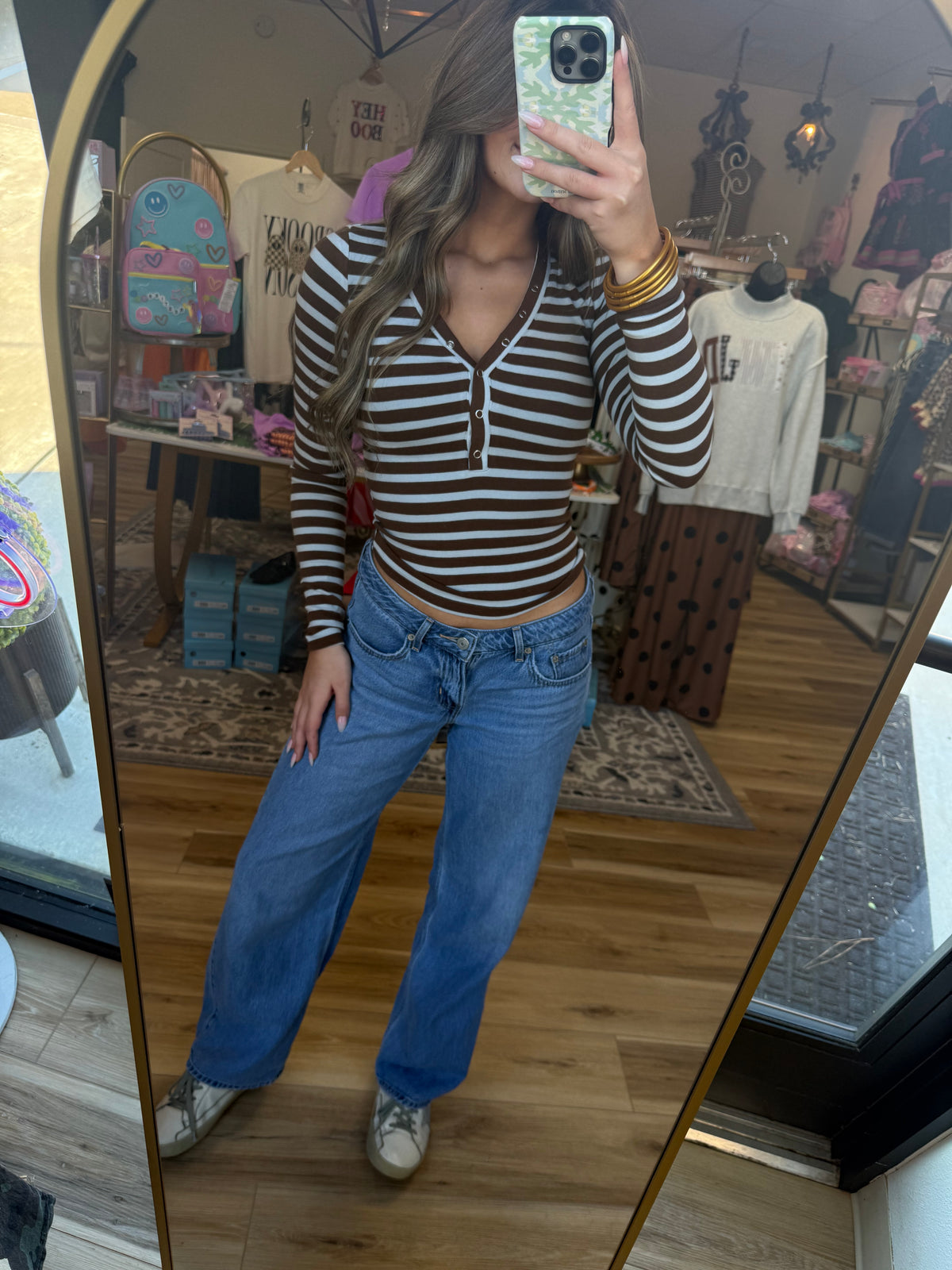 Brown/Blue Striped Button Down Long Sleeve Top