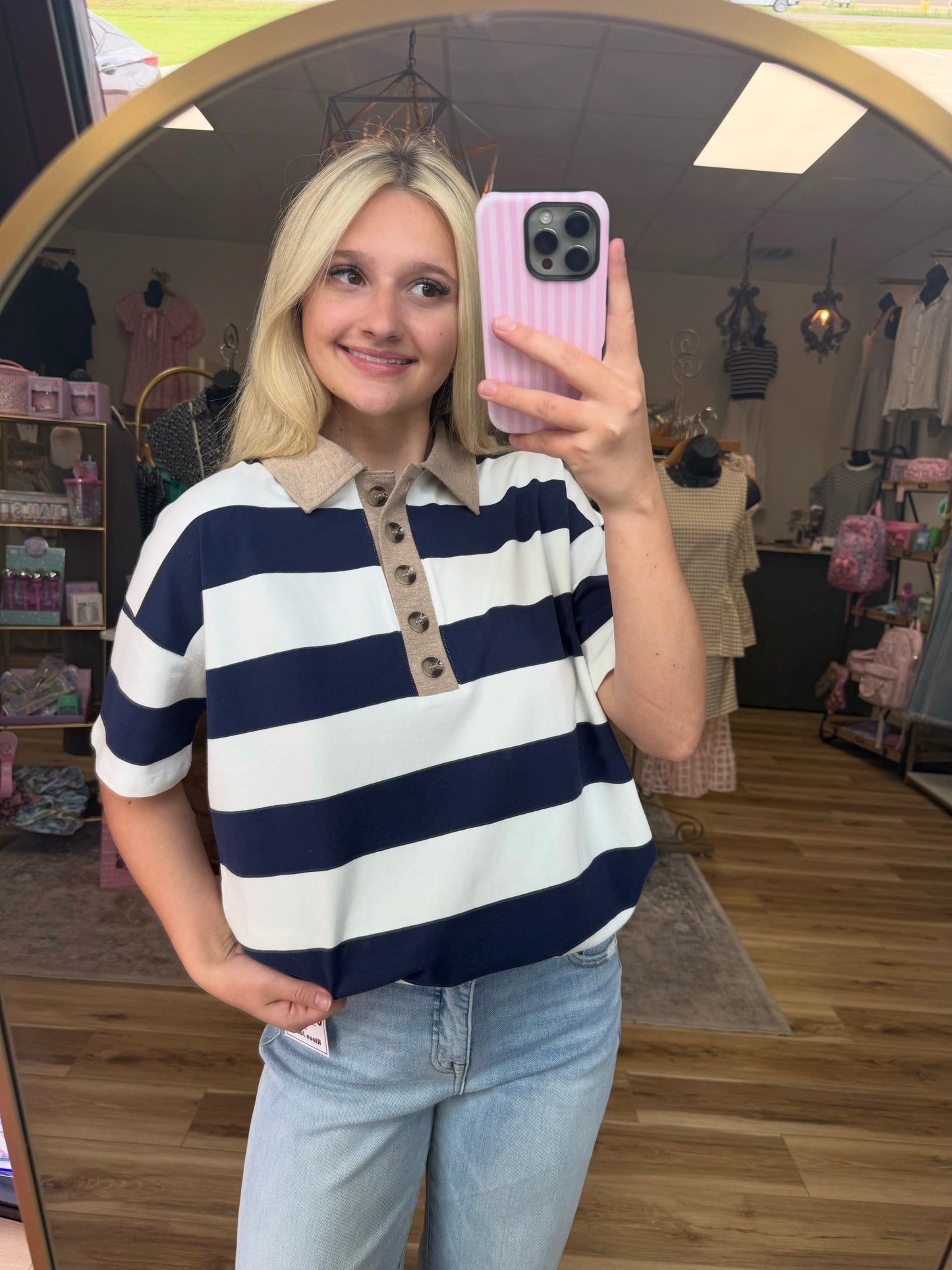 Navy/White Striped Collared Tee