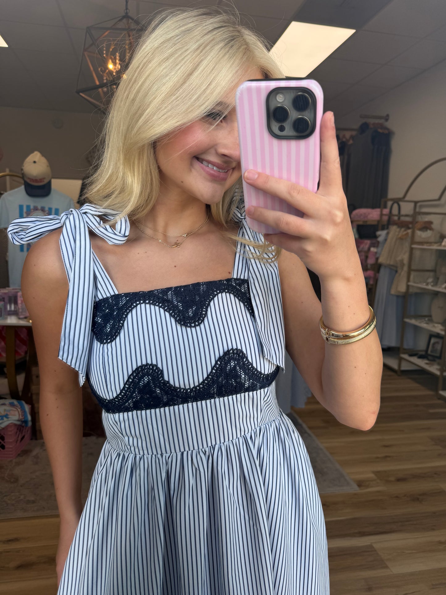 Blue Striped Lace Detail Maxi