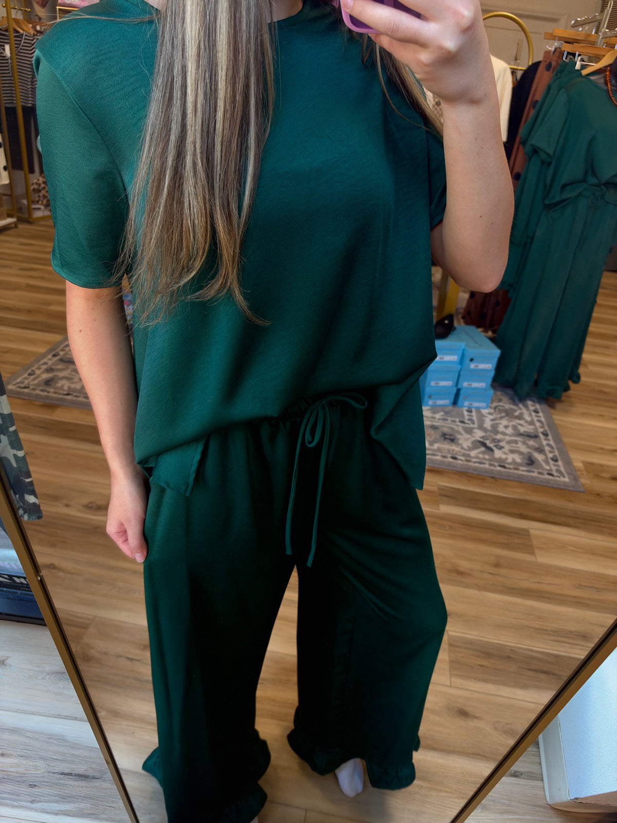Dark Green Satin Two Piece Set