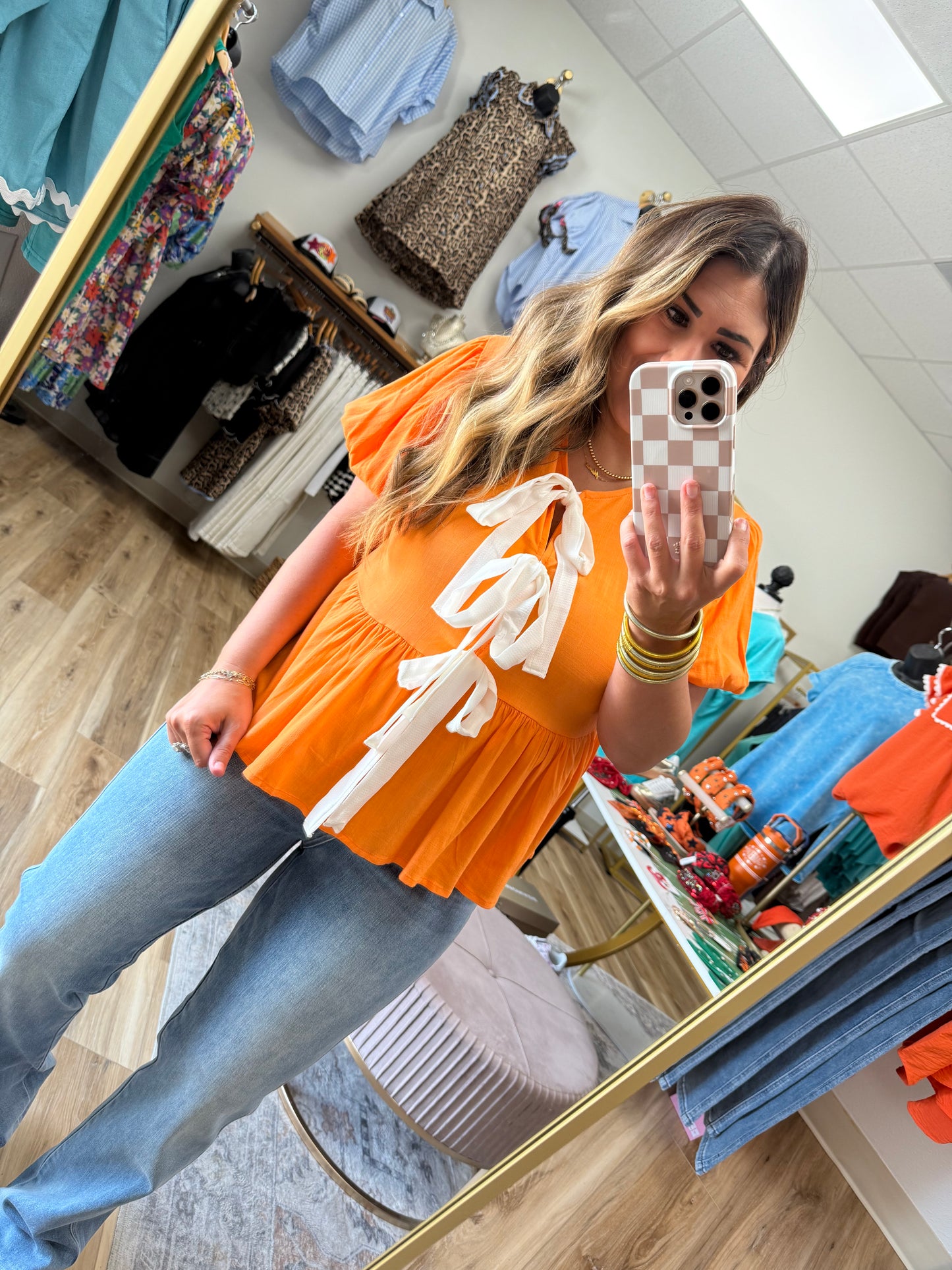 Orange/White Bow Top
