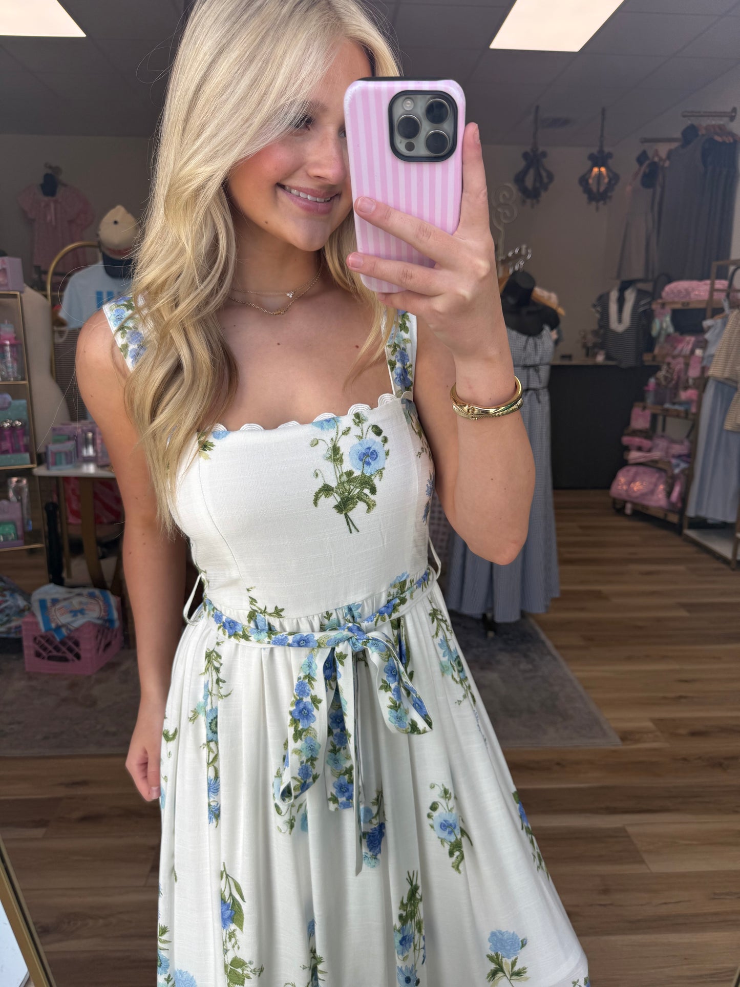 White/Blue Tie Floral Maxi