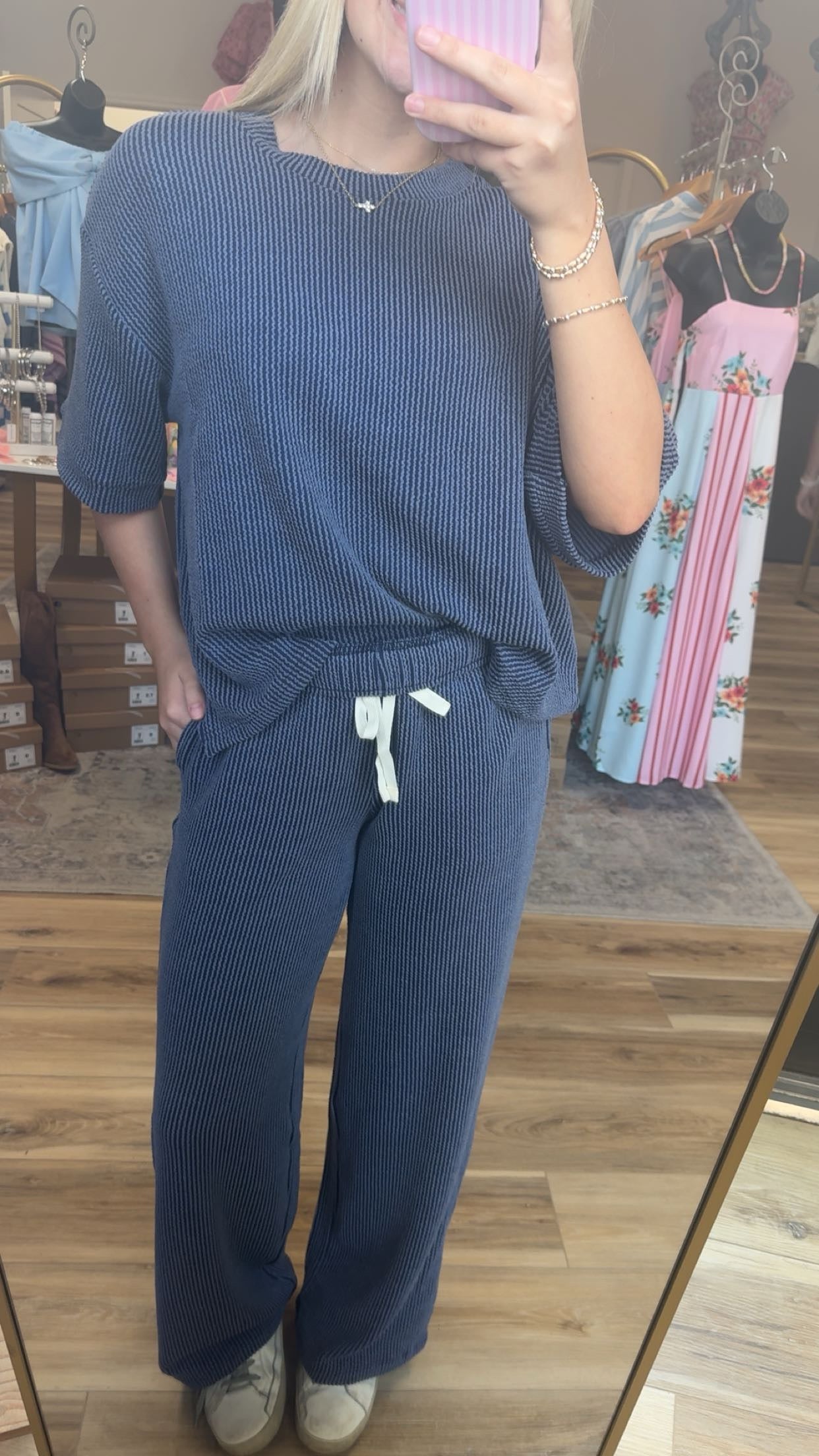 Navy Ribbed Pant Set