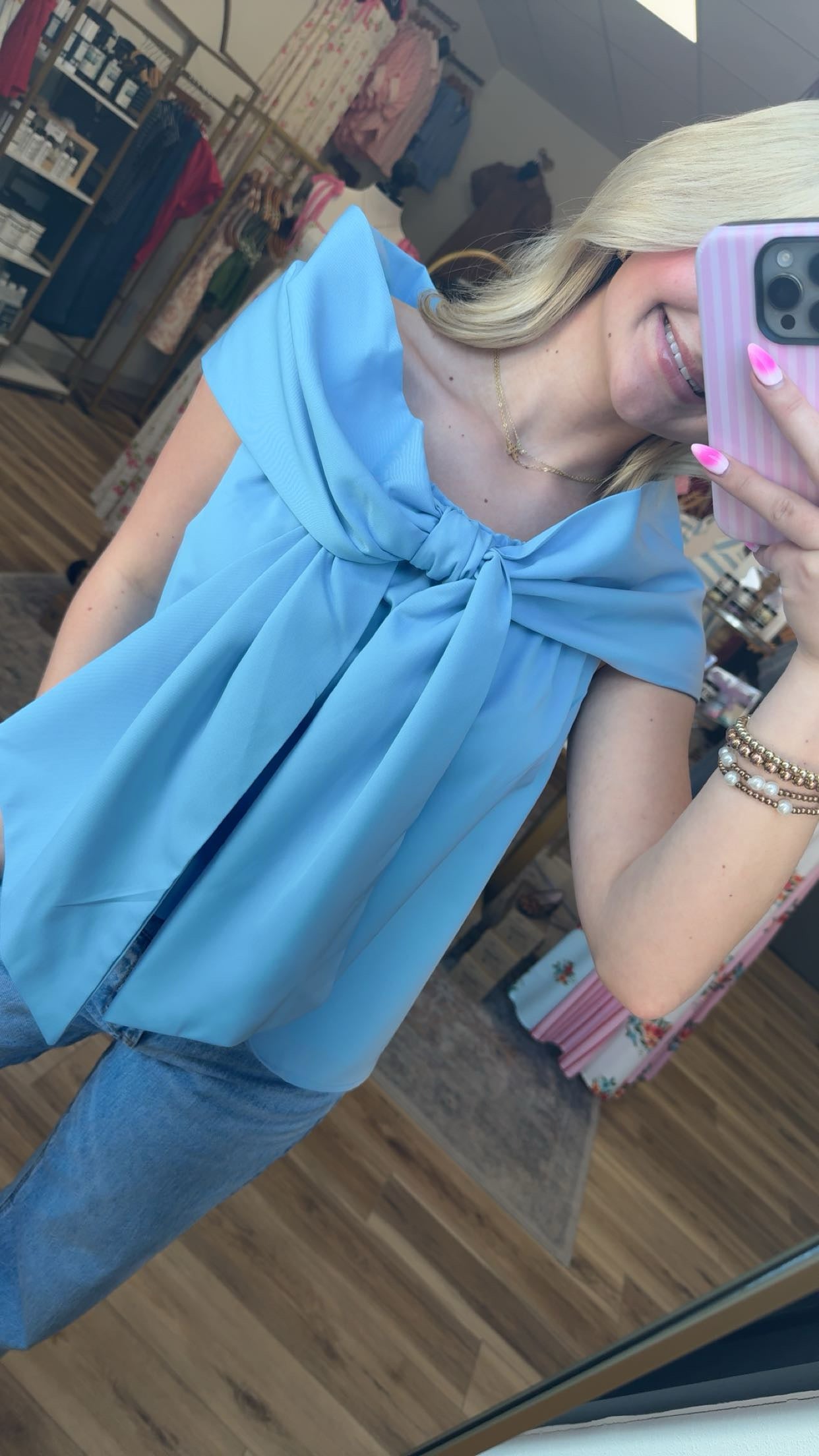 Blue off the shoulder bow shirt