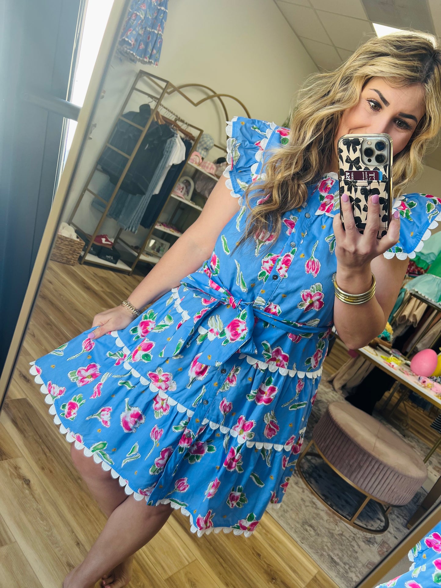 Blue Floral Scallop Dress