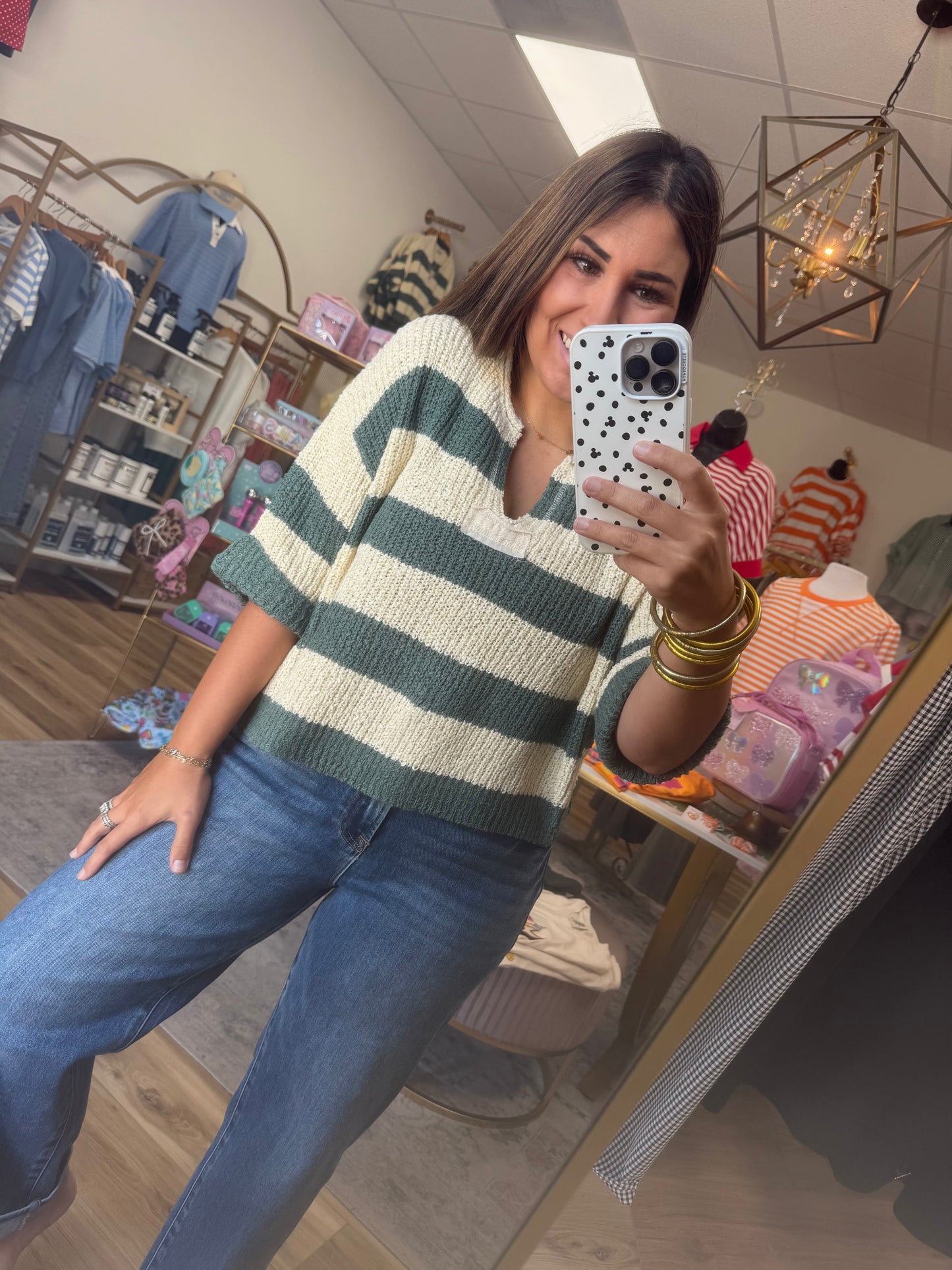 Green/Cream Crop Sweater