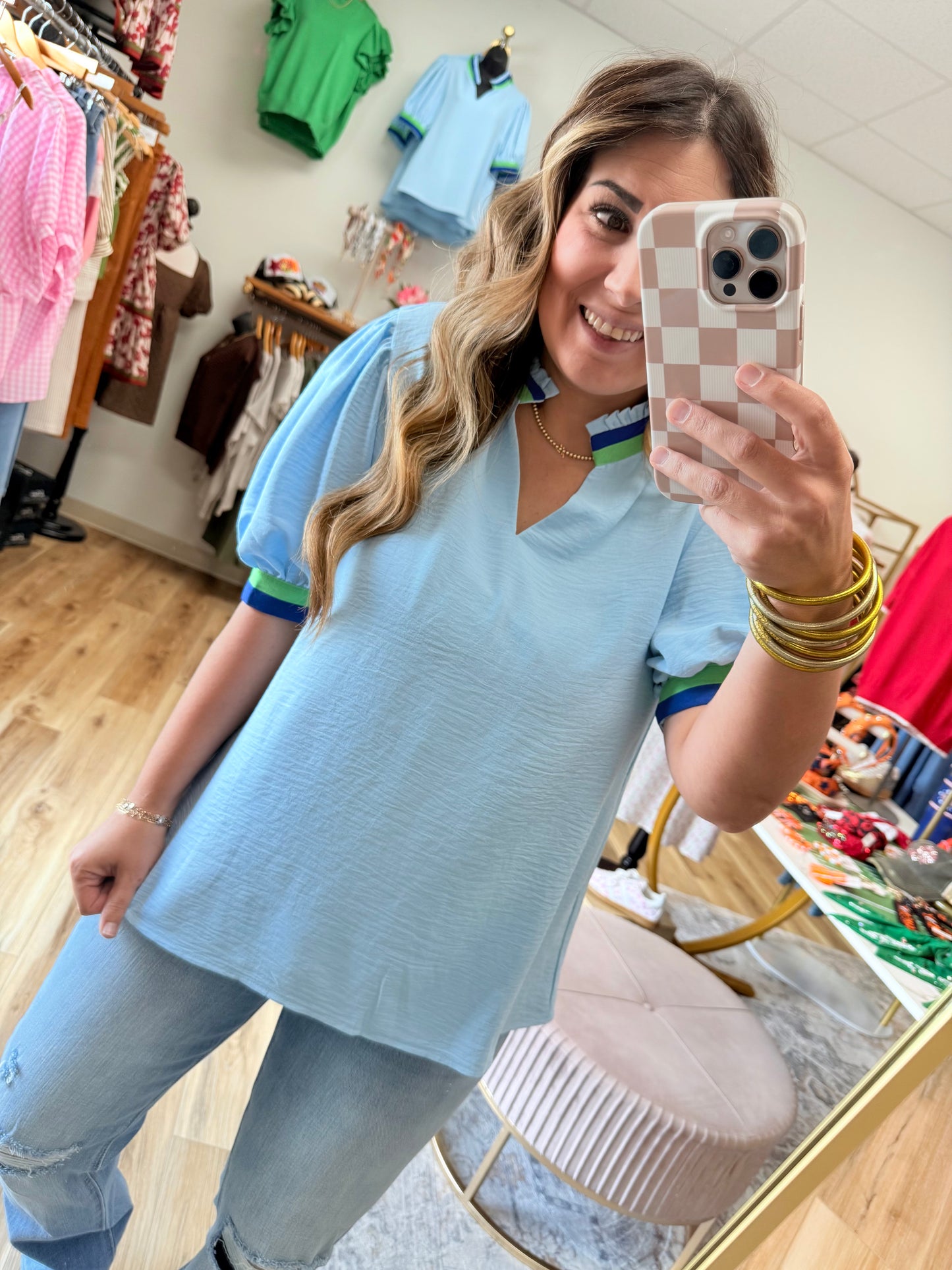 Baby Blue Green Stripe Top