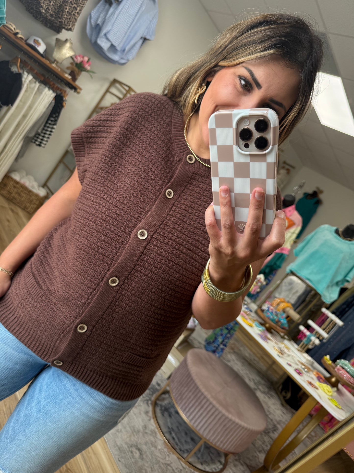 Brown Button Knit Top
