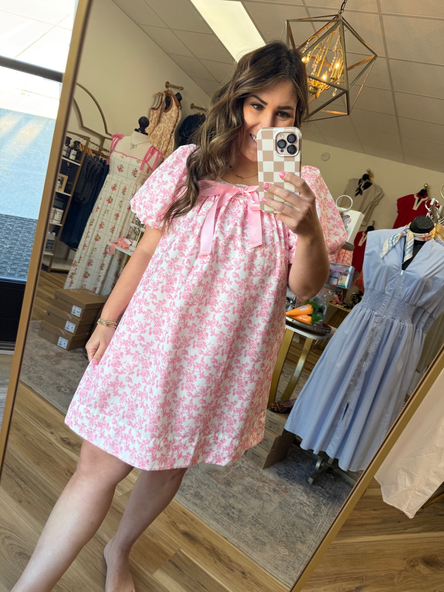 Pink Floral Satin Bow Dress