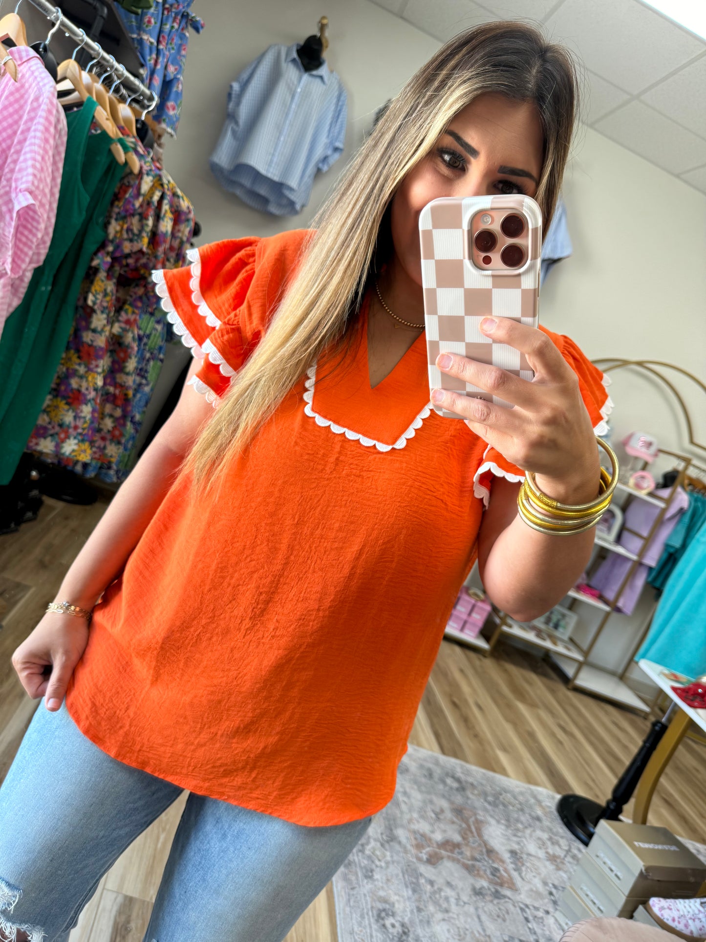 Orange Scallop Ruffle Top