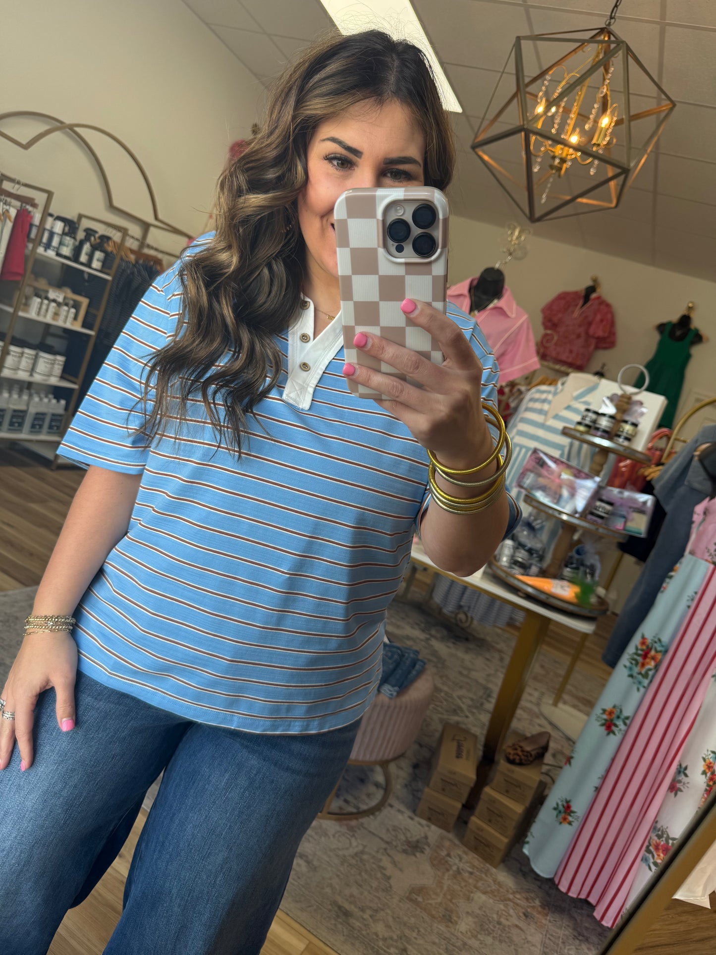 Blue/Brown Stripe Collar Top