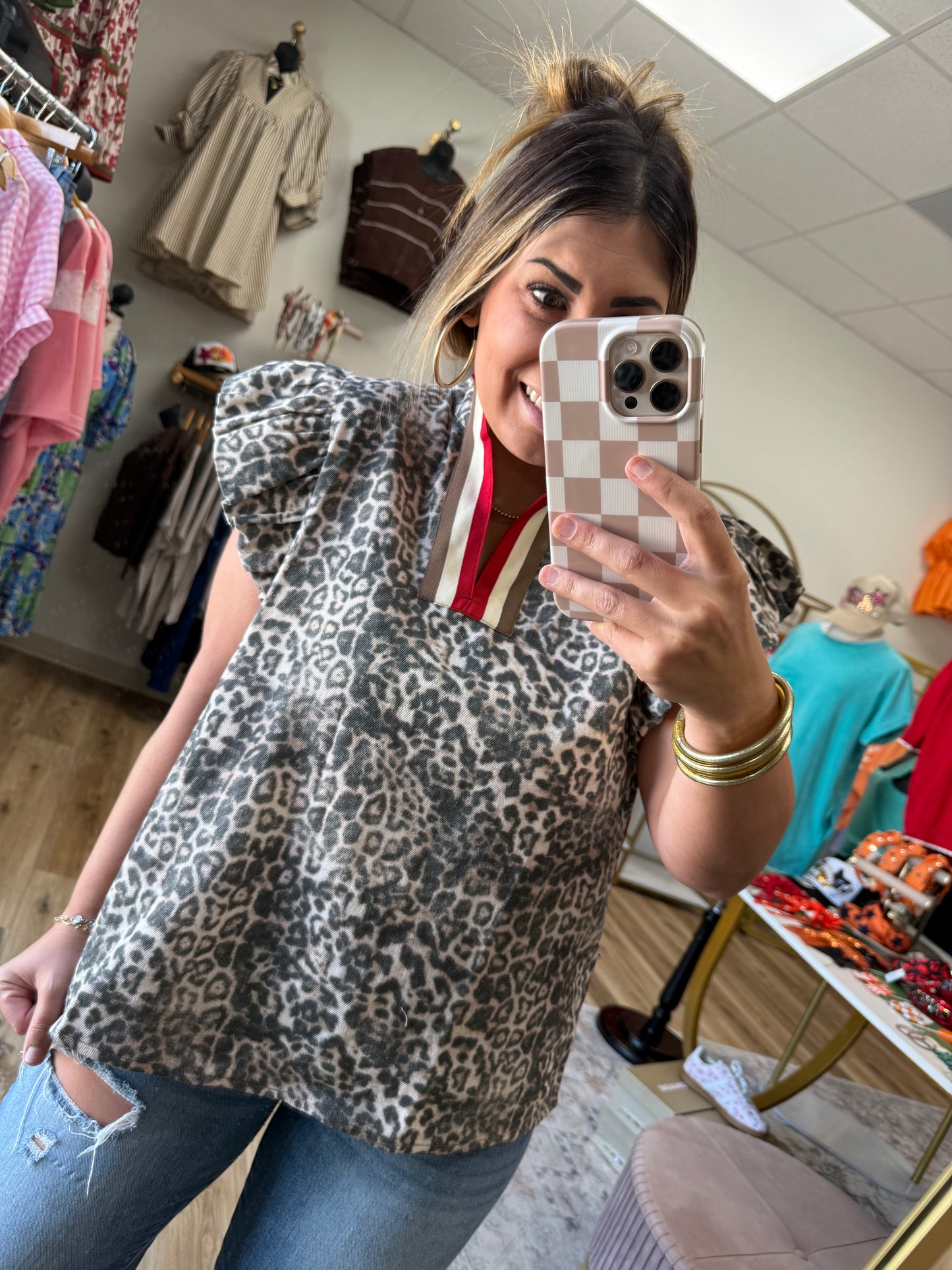 Leopard Denim Red Stripe Top
