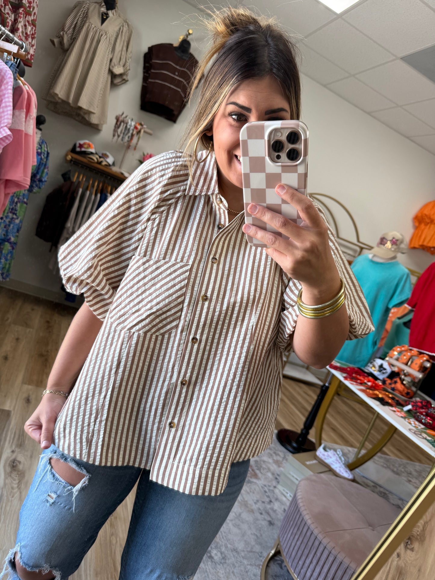 Taupe Stripe Puff Sleeve Top