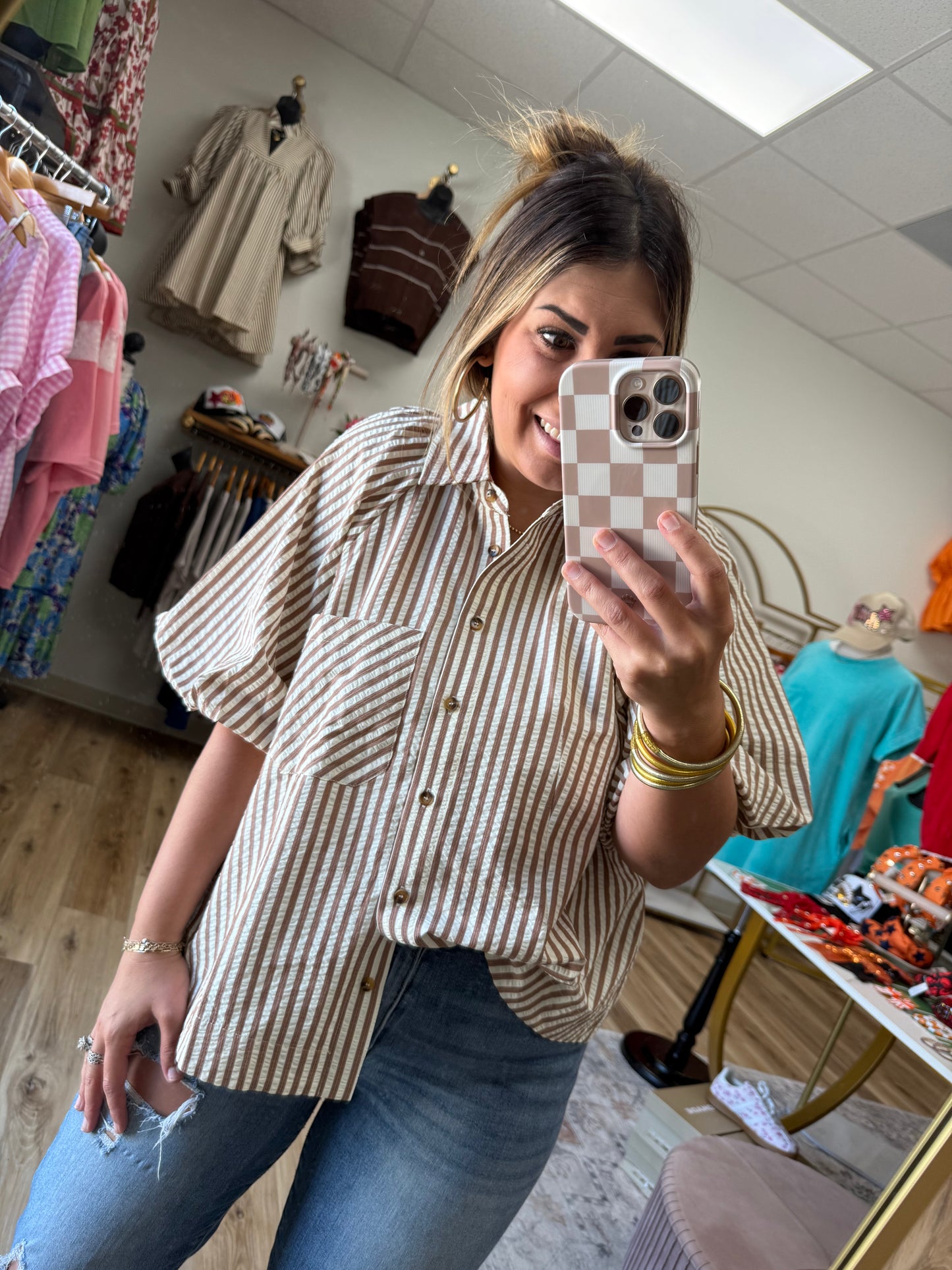 Taupe Stripe Puff Sleeve Top