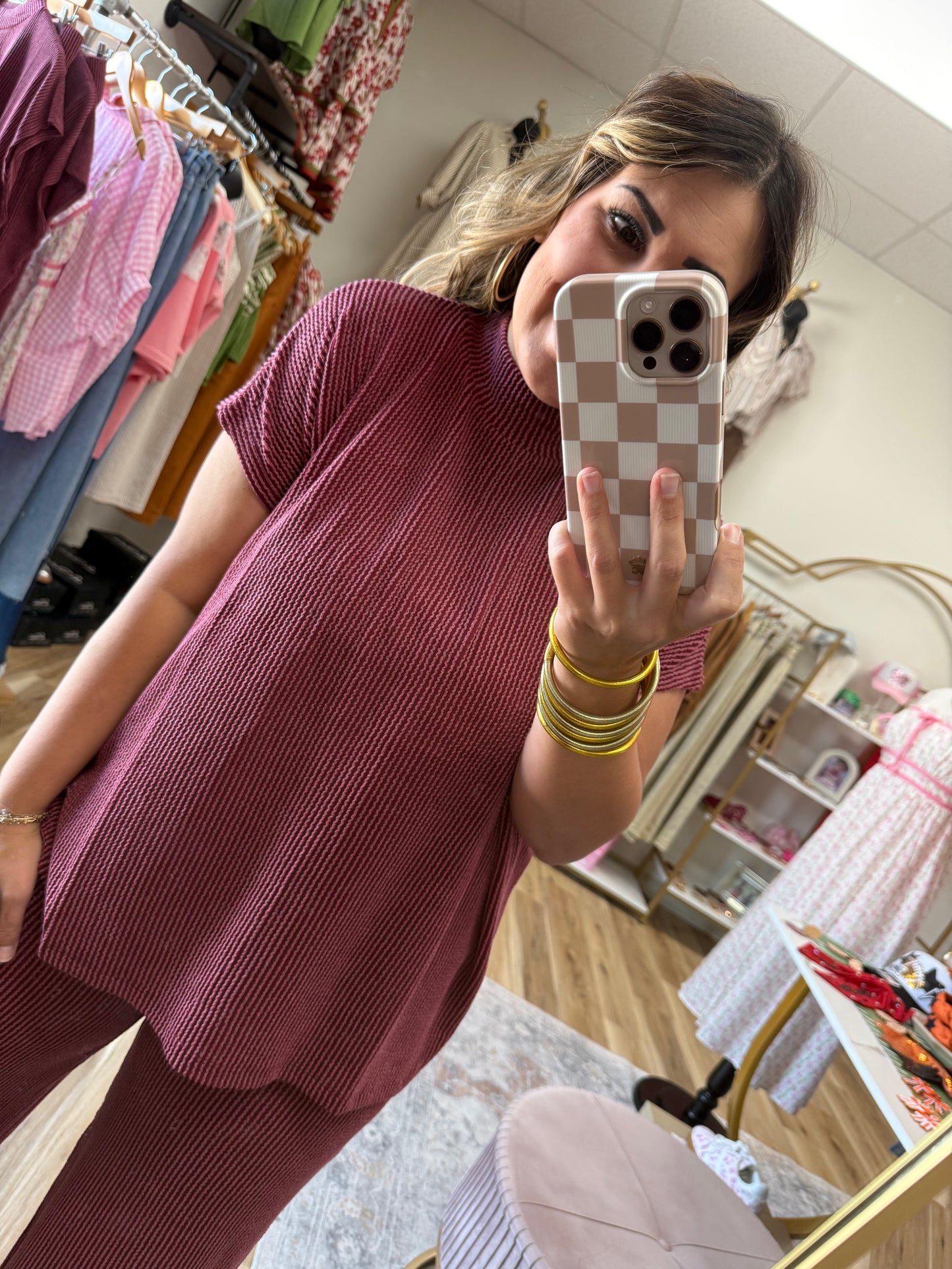 Maroon Ribbed Pant Set