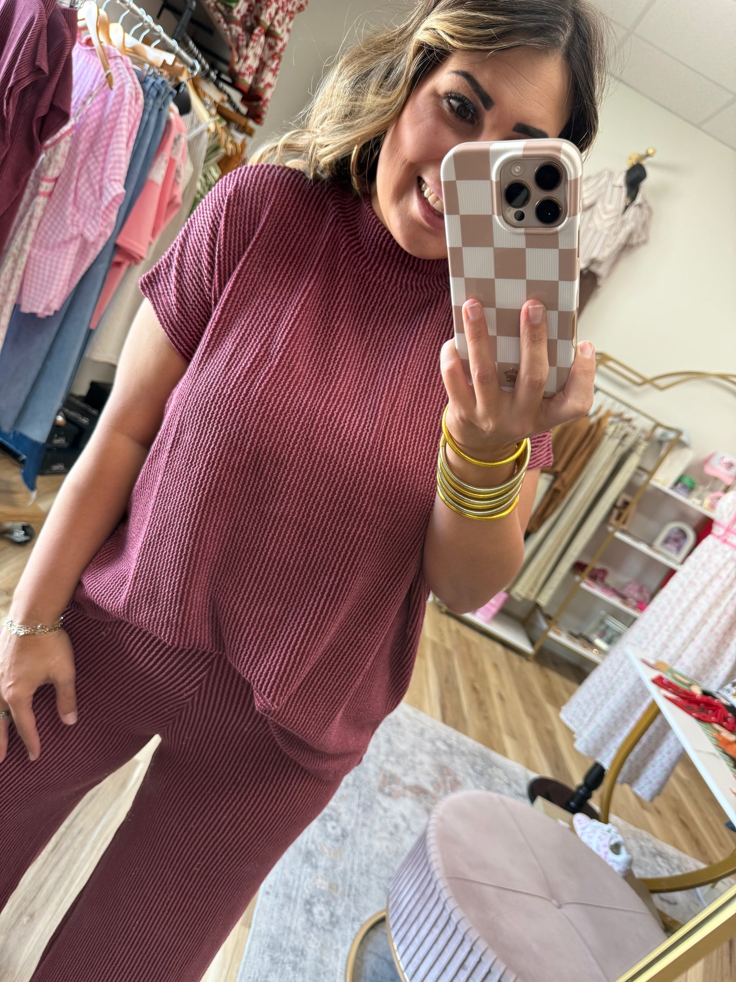 Maroon Ribbed Pant Set