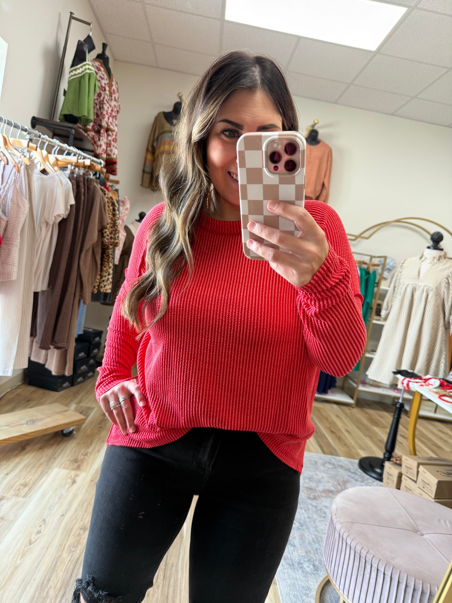 Red Ribbed Long Sleeve