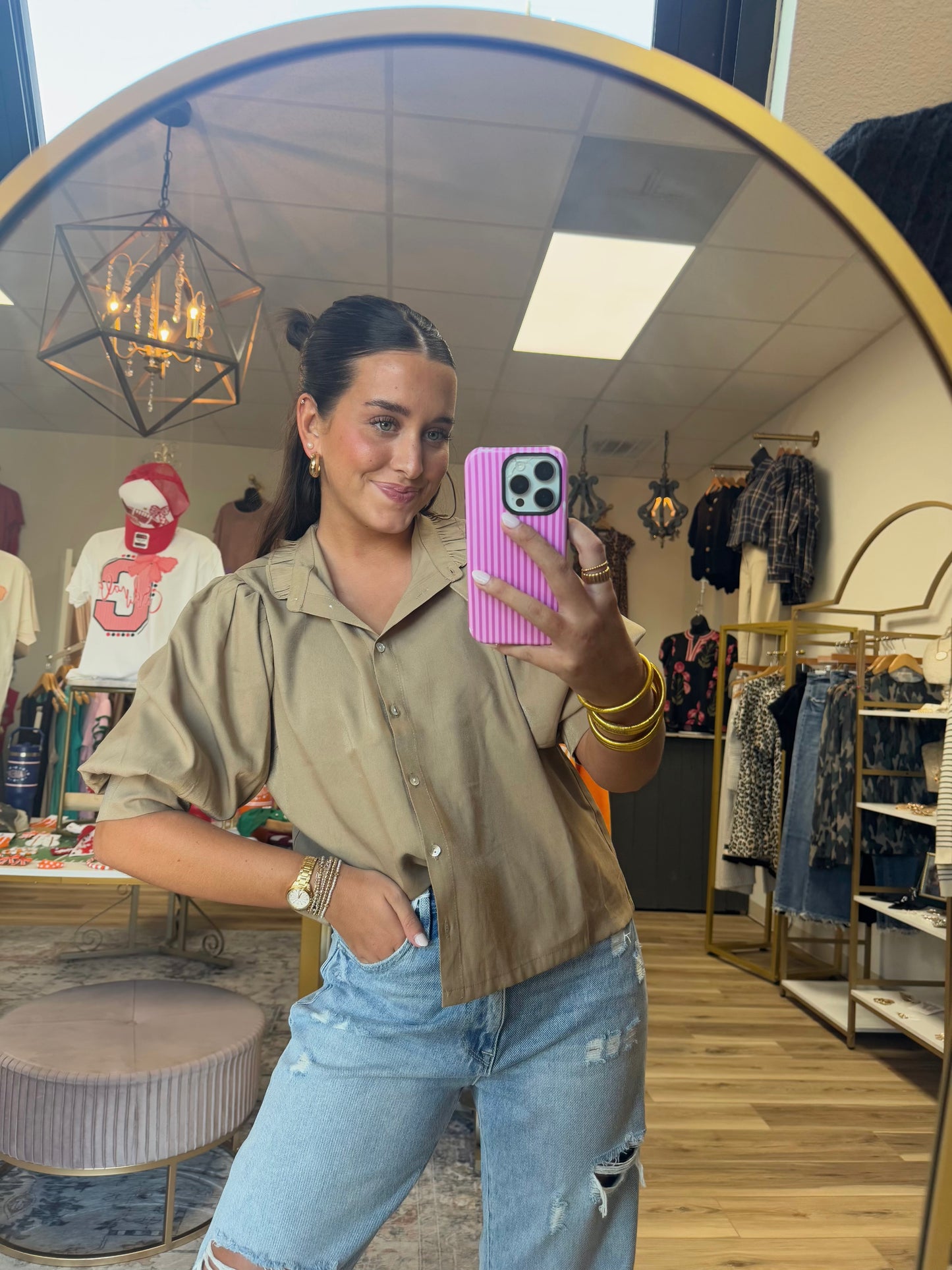 Beige Shimmer Button Down