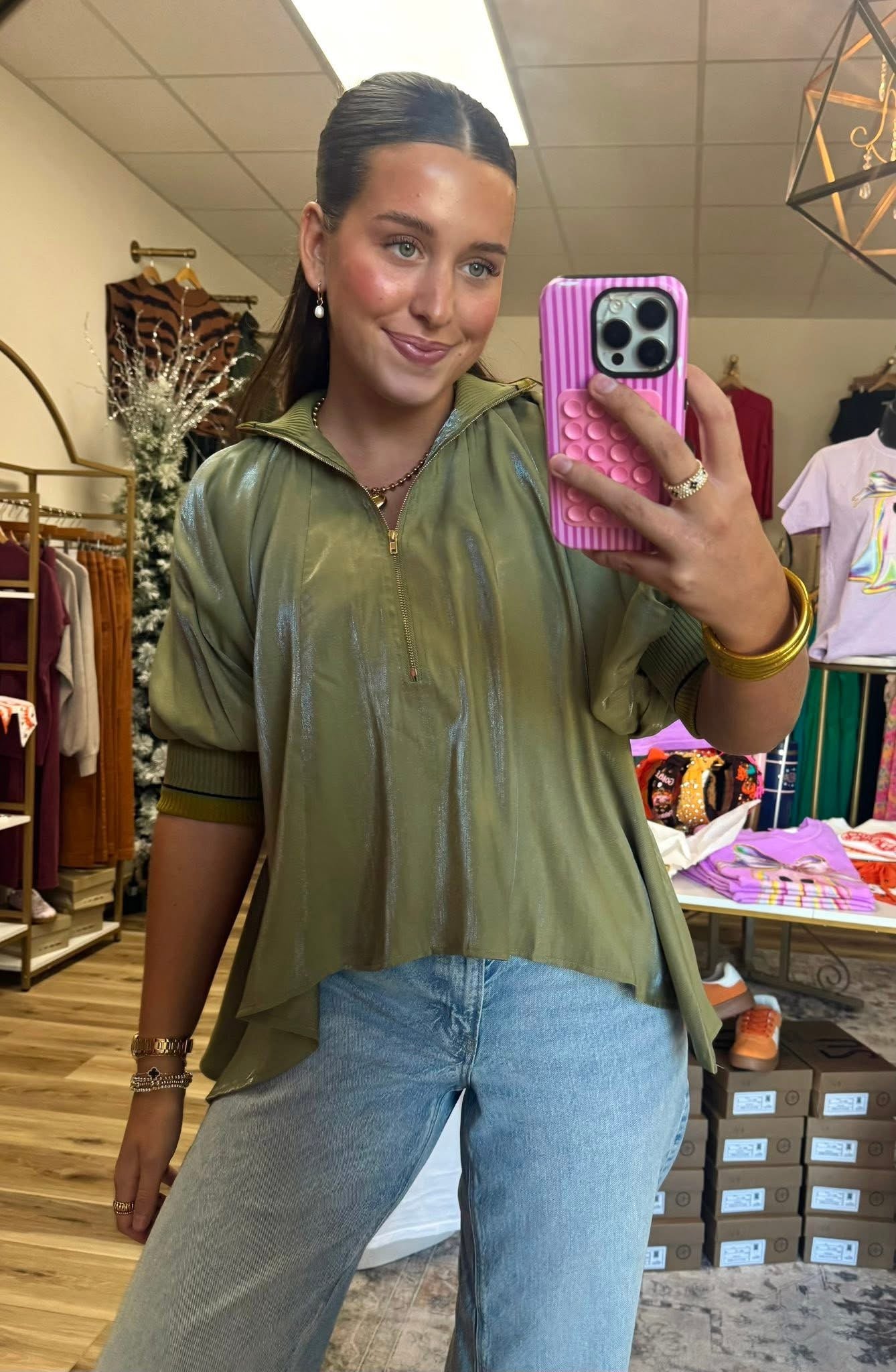 Green Shimmer Half Zip Top