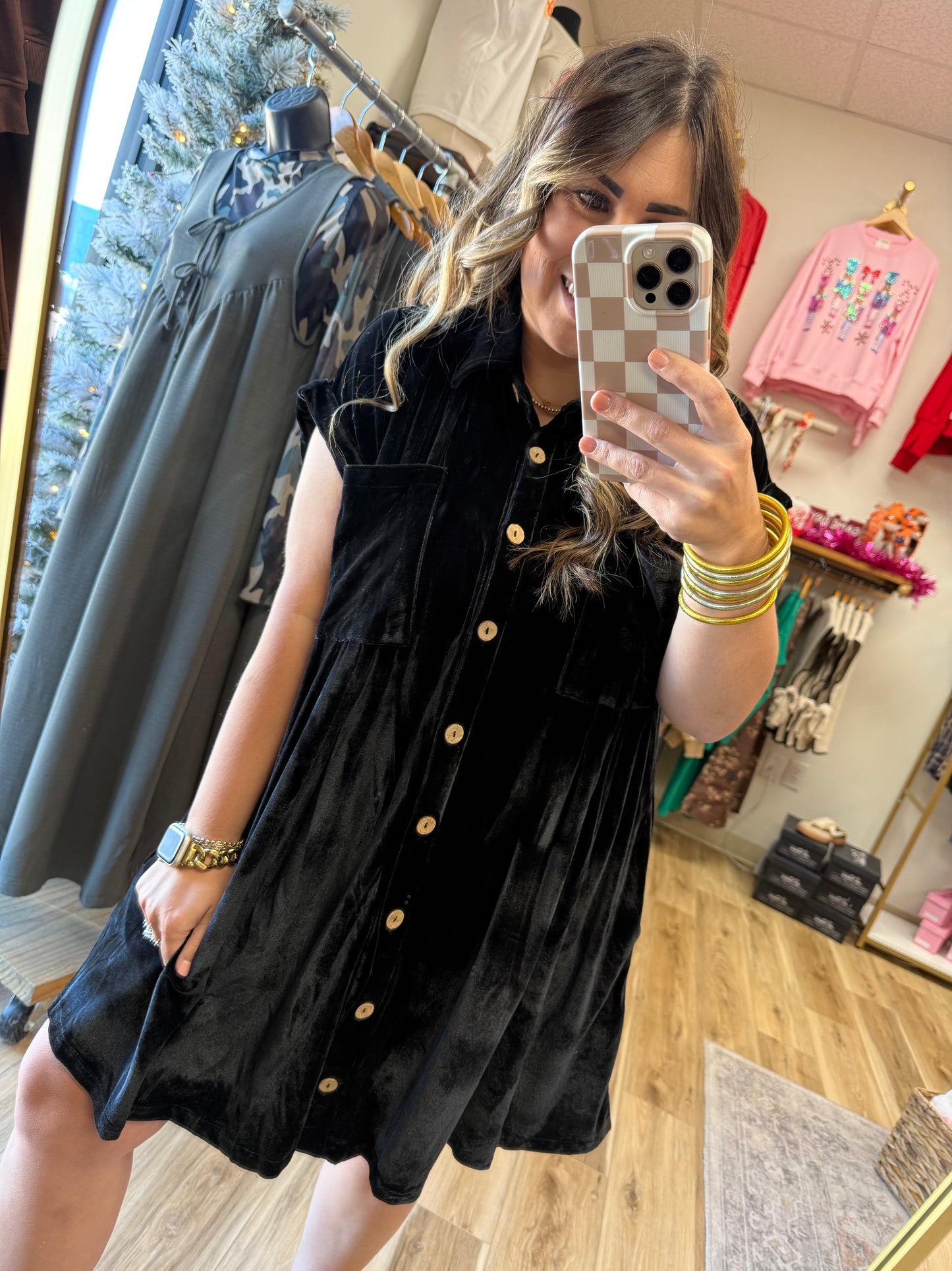 Black Velvet Button Dress