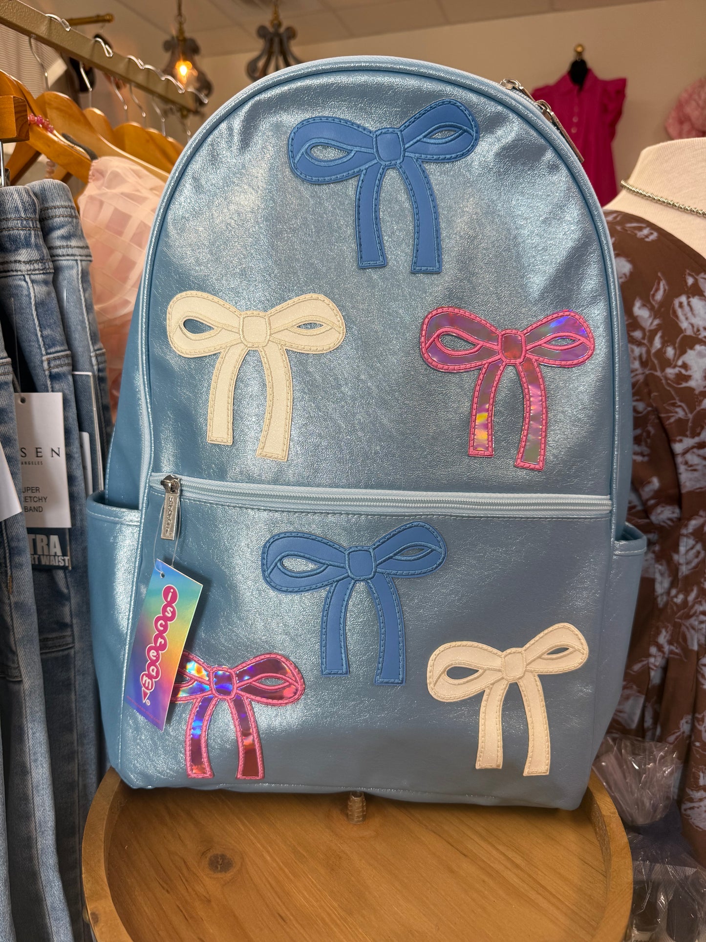 Metallic Blue Bow Backpack