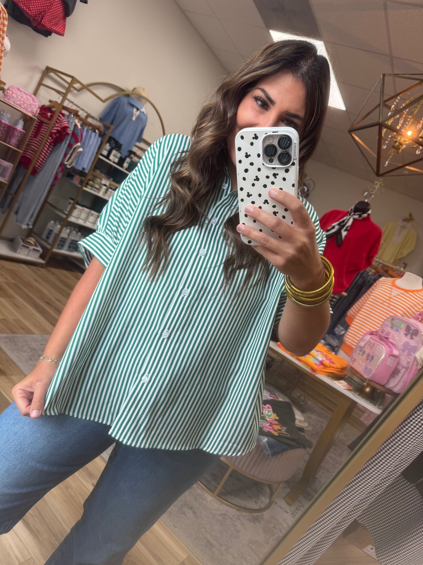 Green/White Stripe Button Down