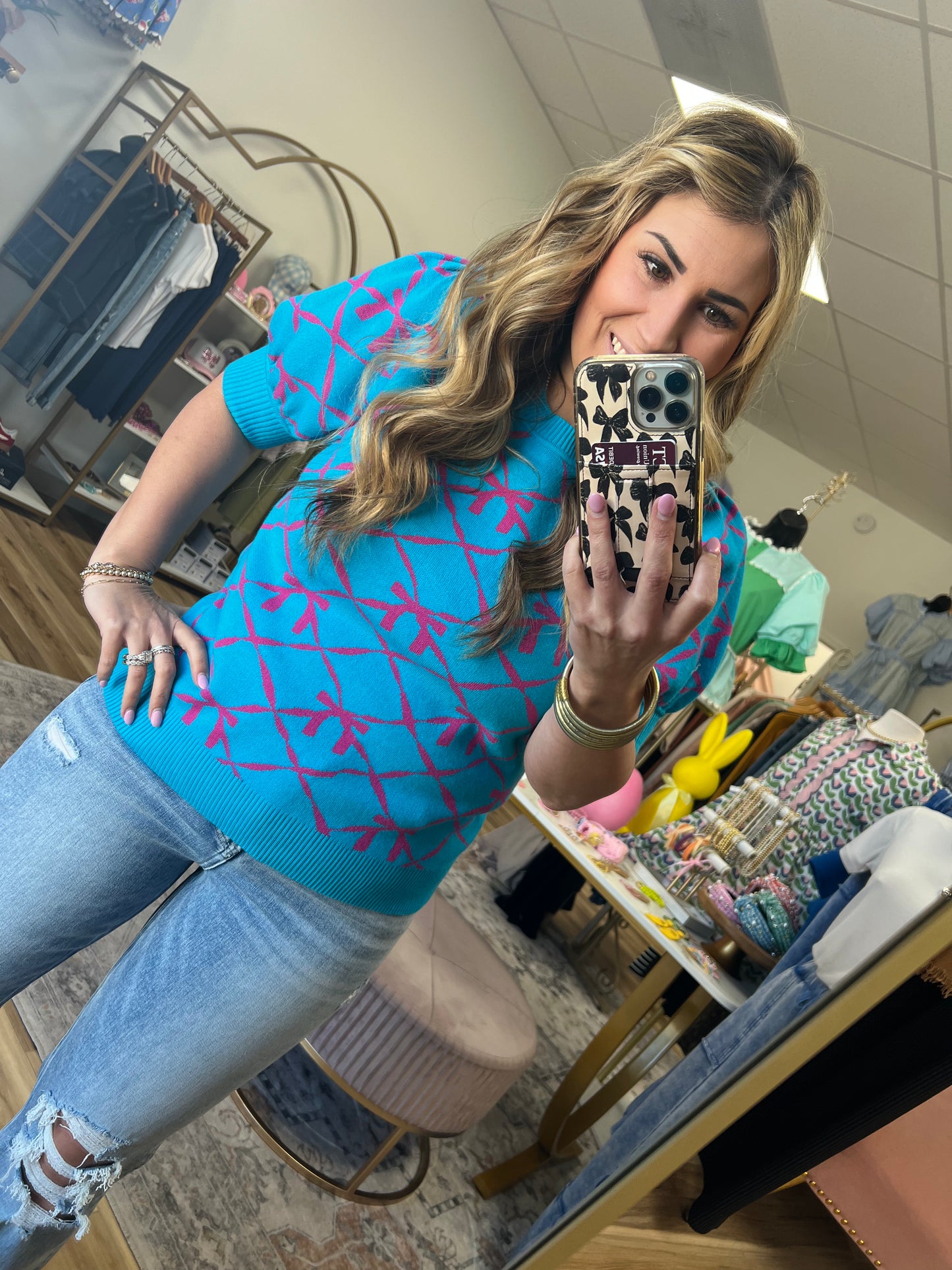 Bright Blue/Hot Pink Bow Sweater