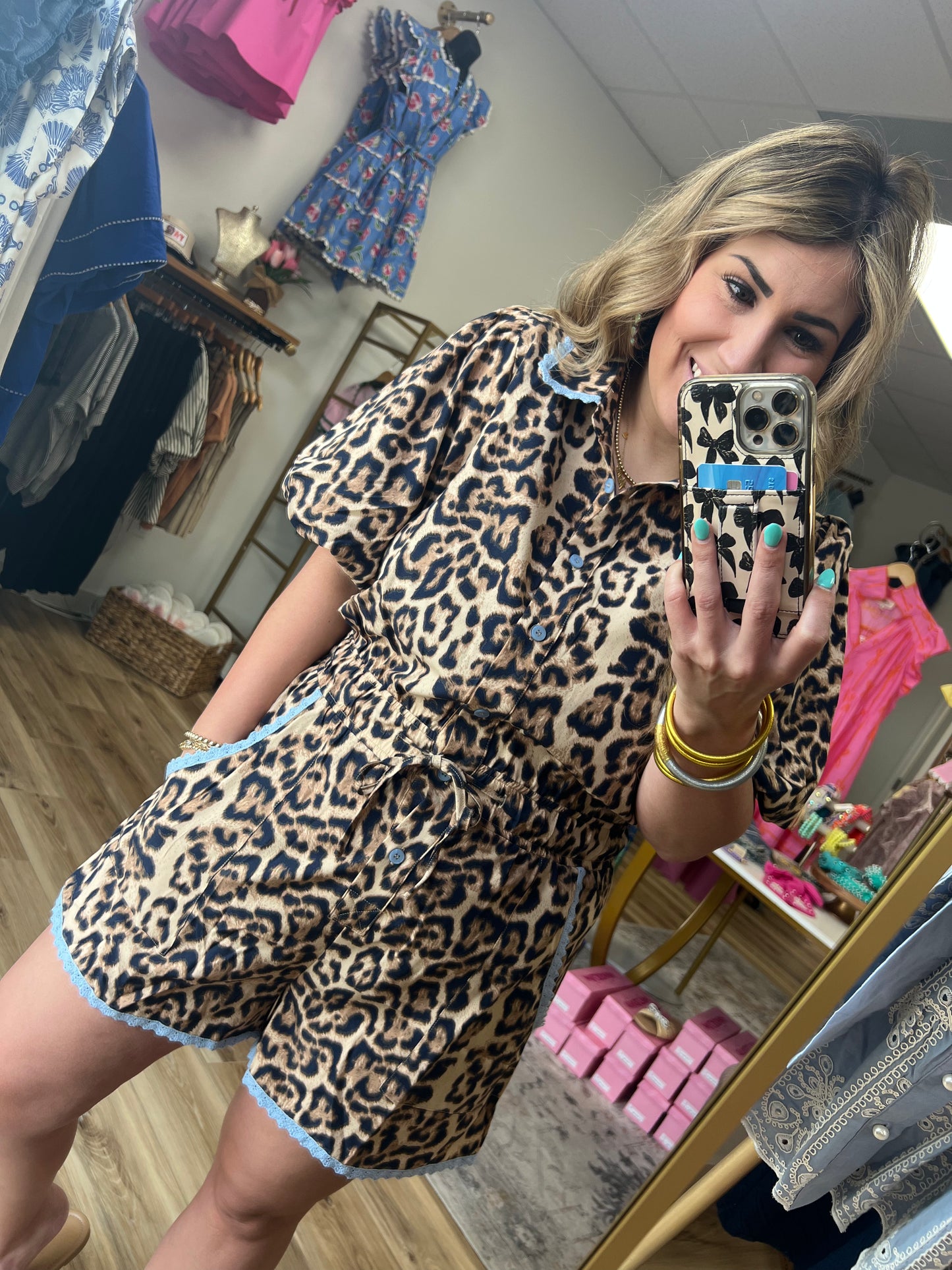 Leopard/Blue Trim Romper