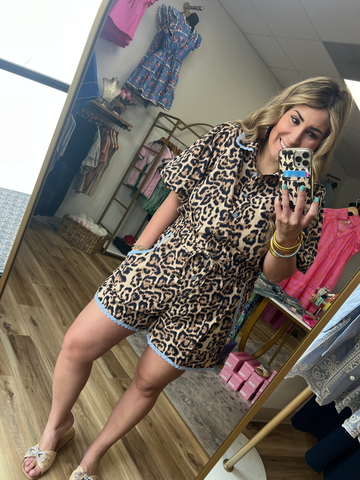 Leopard/Blue Trim Romper