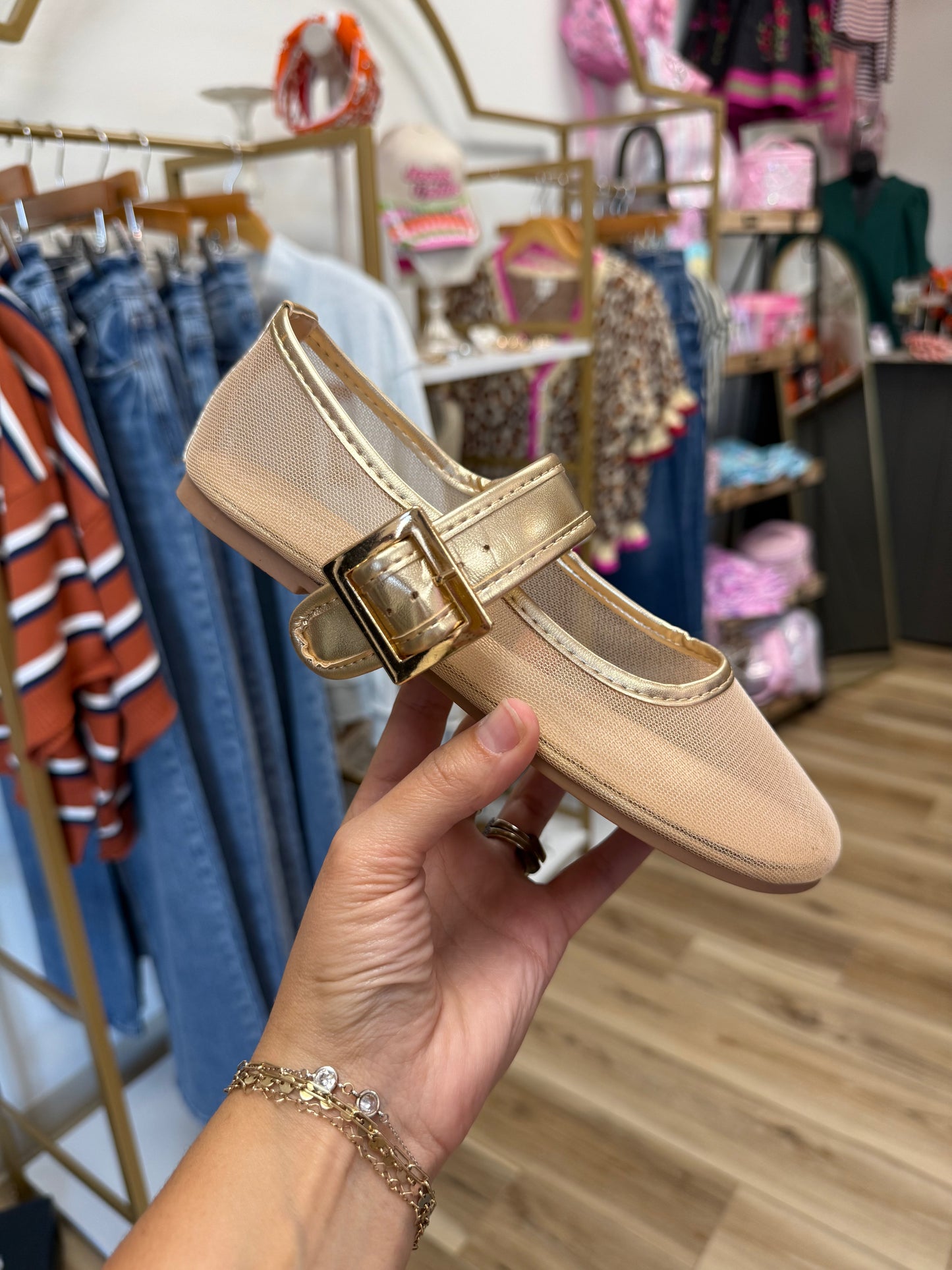 Gold Buckle Mesh Mary Jane Flats
