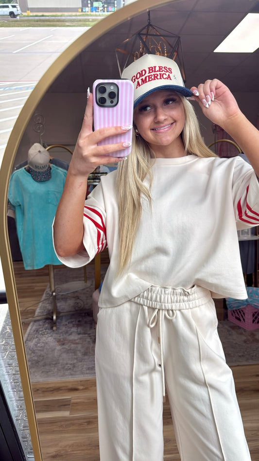 Beige/red striped two piece set