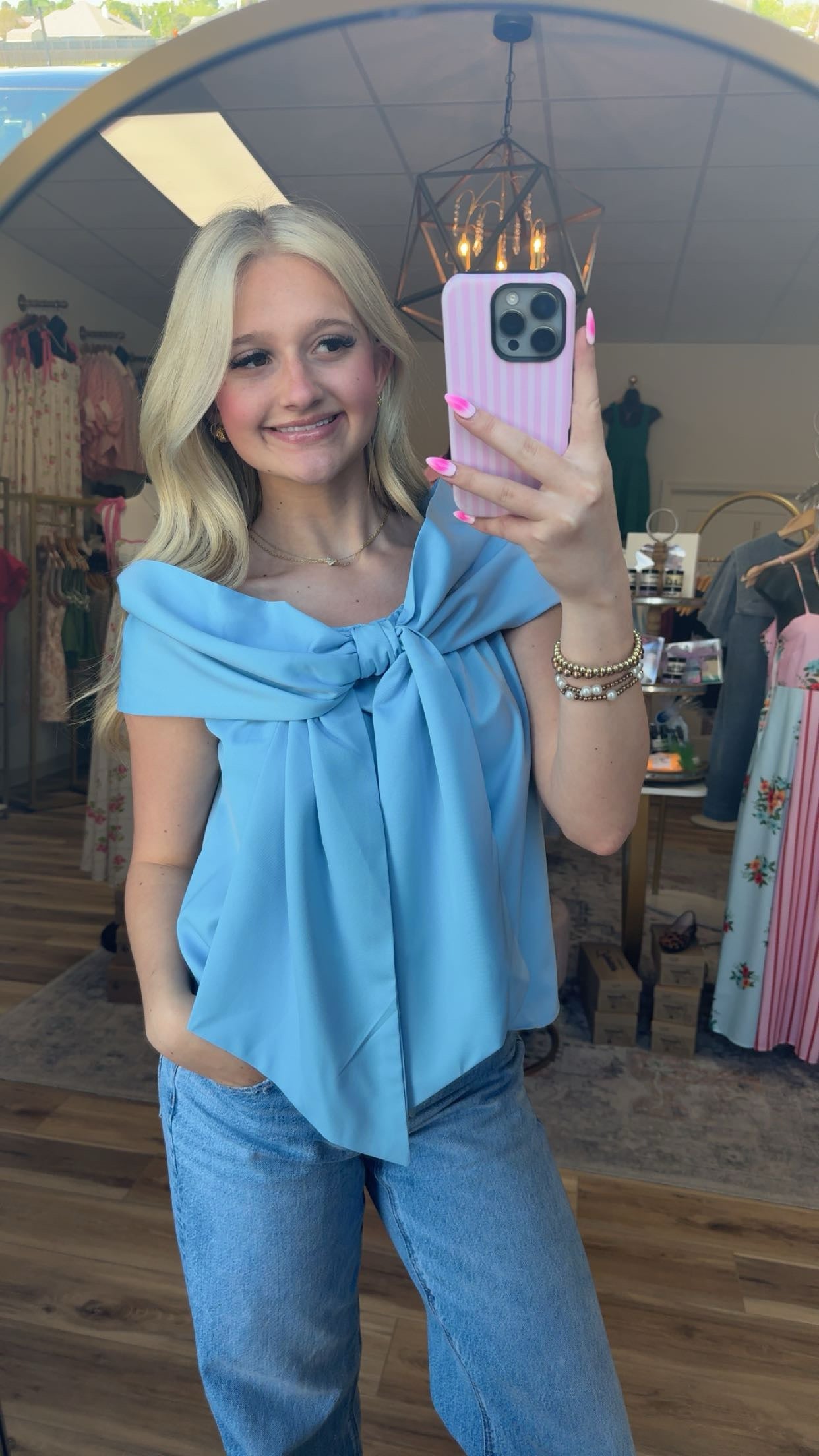 Blue off the shoulder bow shirt