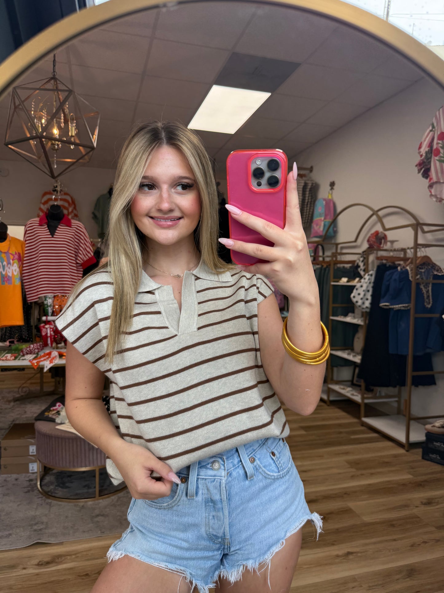 Beige/Brown Striped Collared Top
