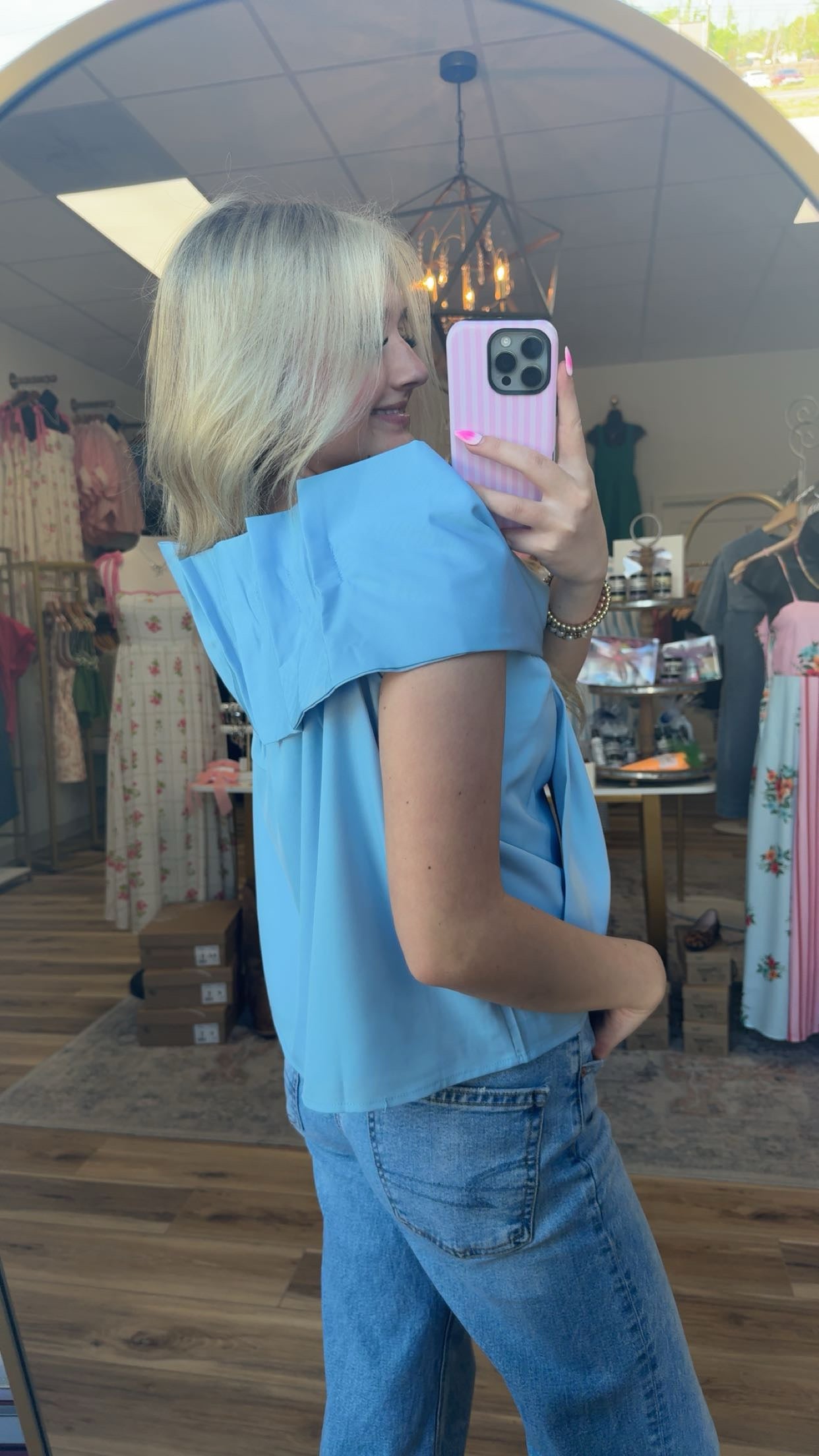 Blue off the shoulder bow shirt
