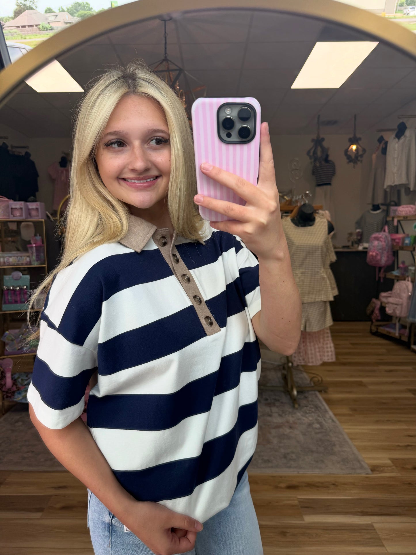 Navy/White Striped Collared Tee