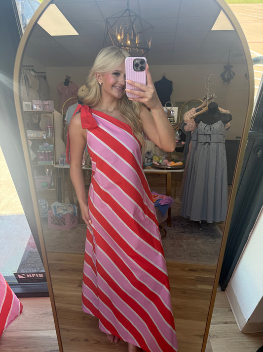 Pink/Red Striped One Shoulder Maxi