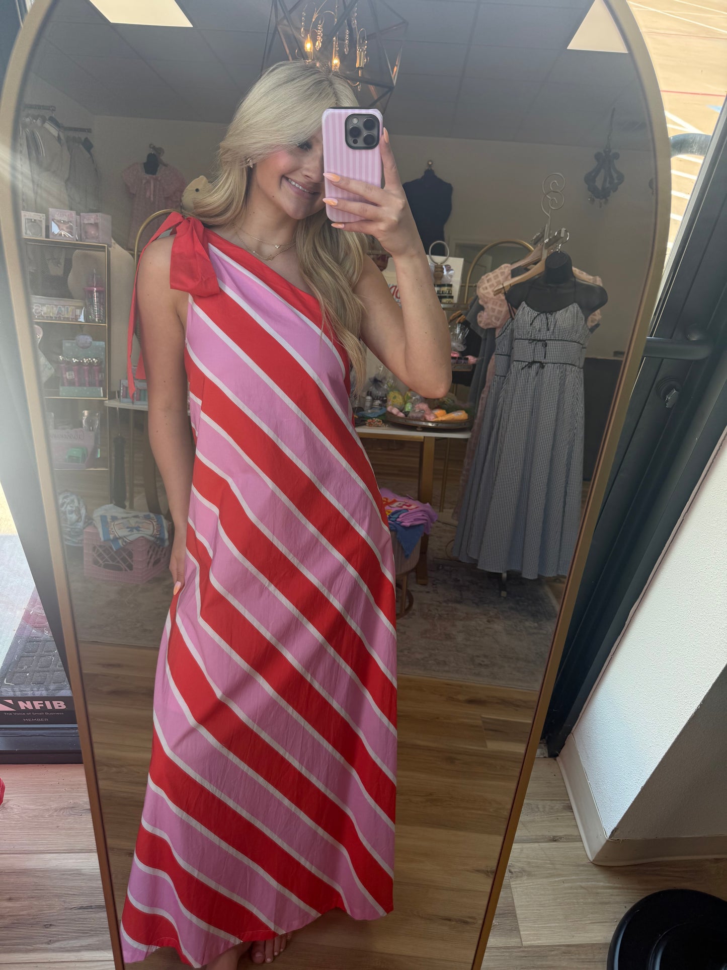 Pink/Red Striped One Shoulder Maxi