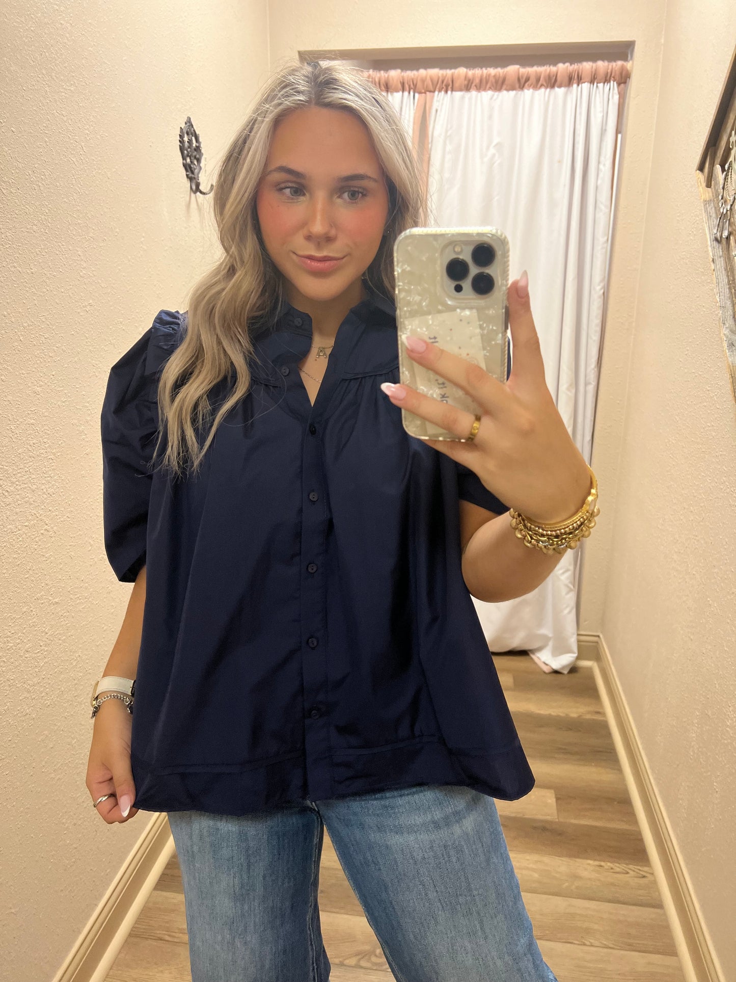 Navy Ruffle Button Down Blouse