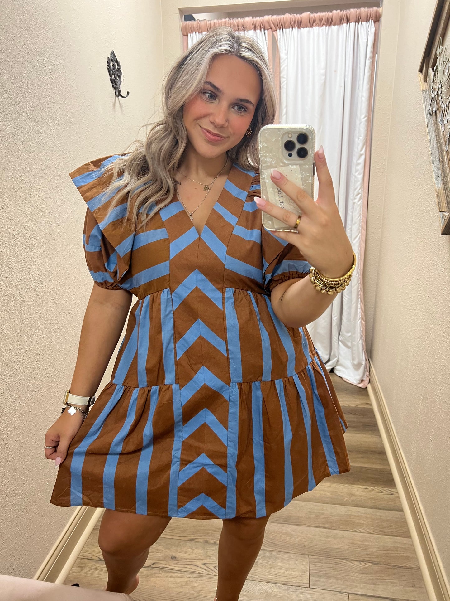 Blue and Brown Ruffled Dress