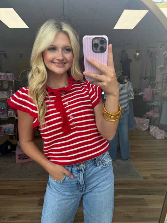 Red/White Striped Ruffled Top