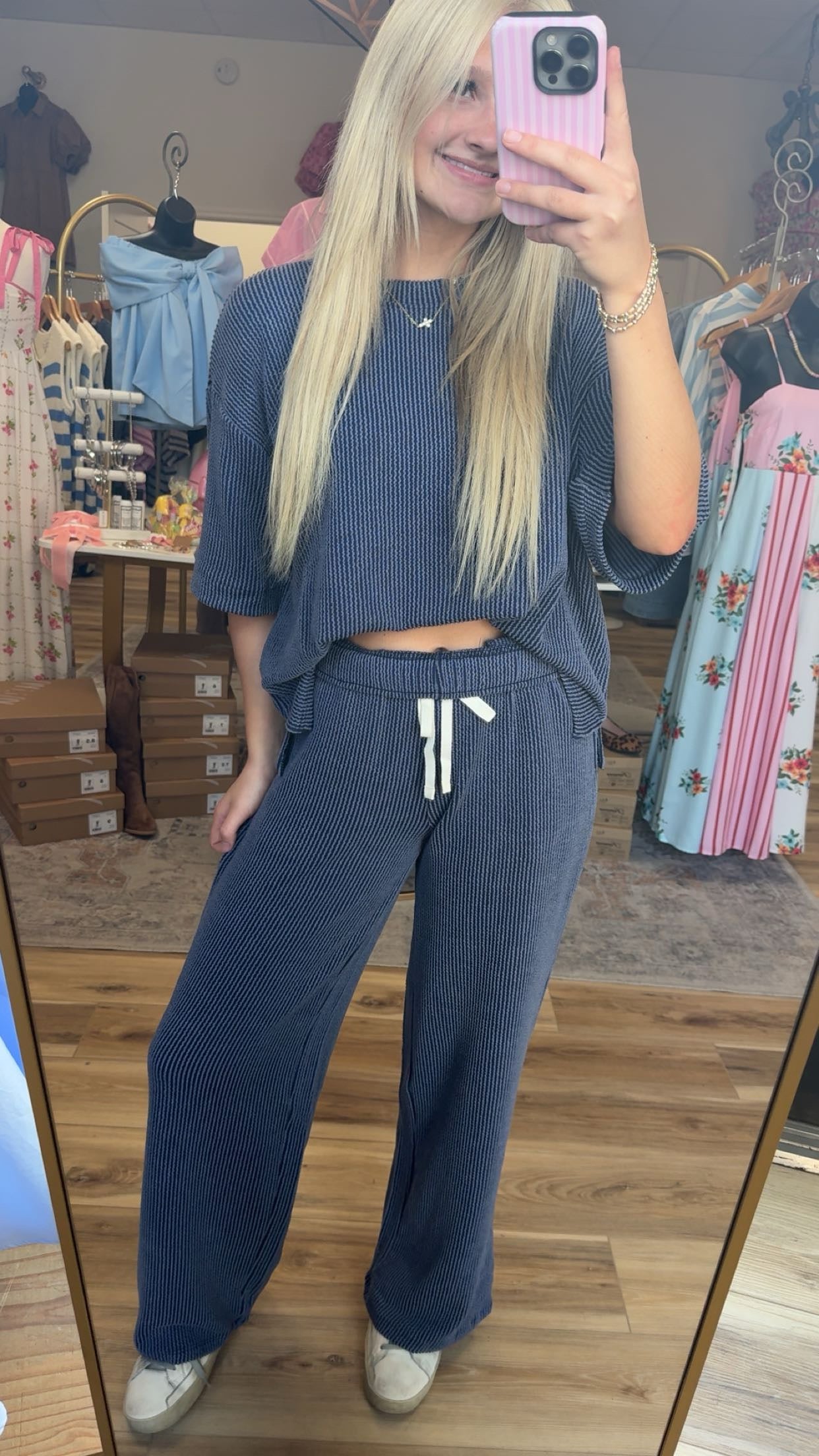 Navy Ribbed Pant Set