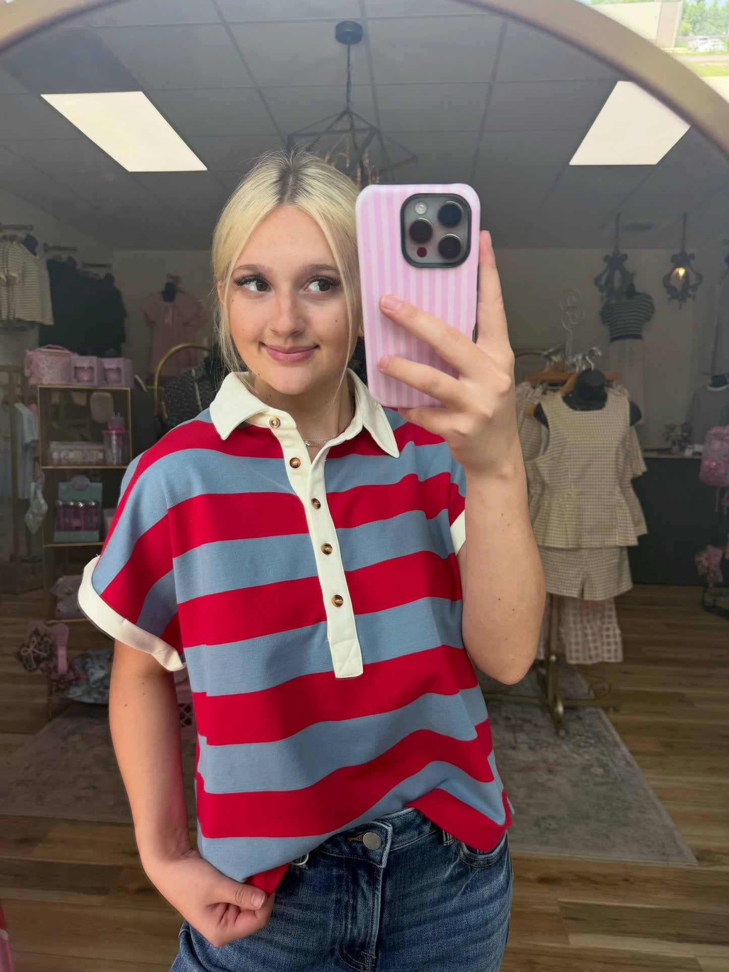Red/Blue Striped Collared Tee