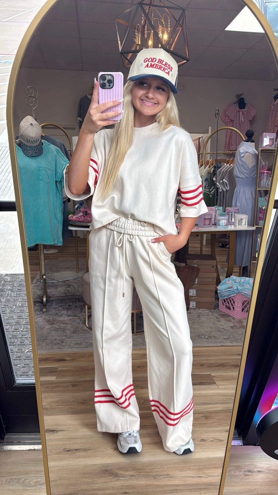 Beige/red striped two piece set