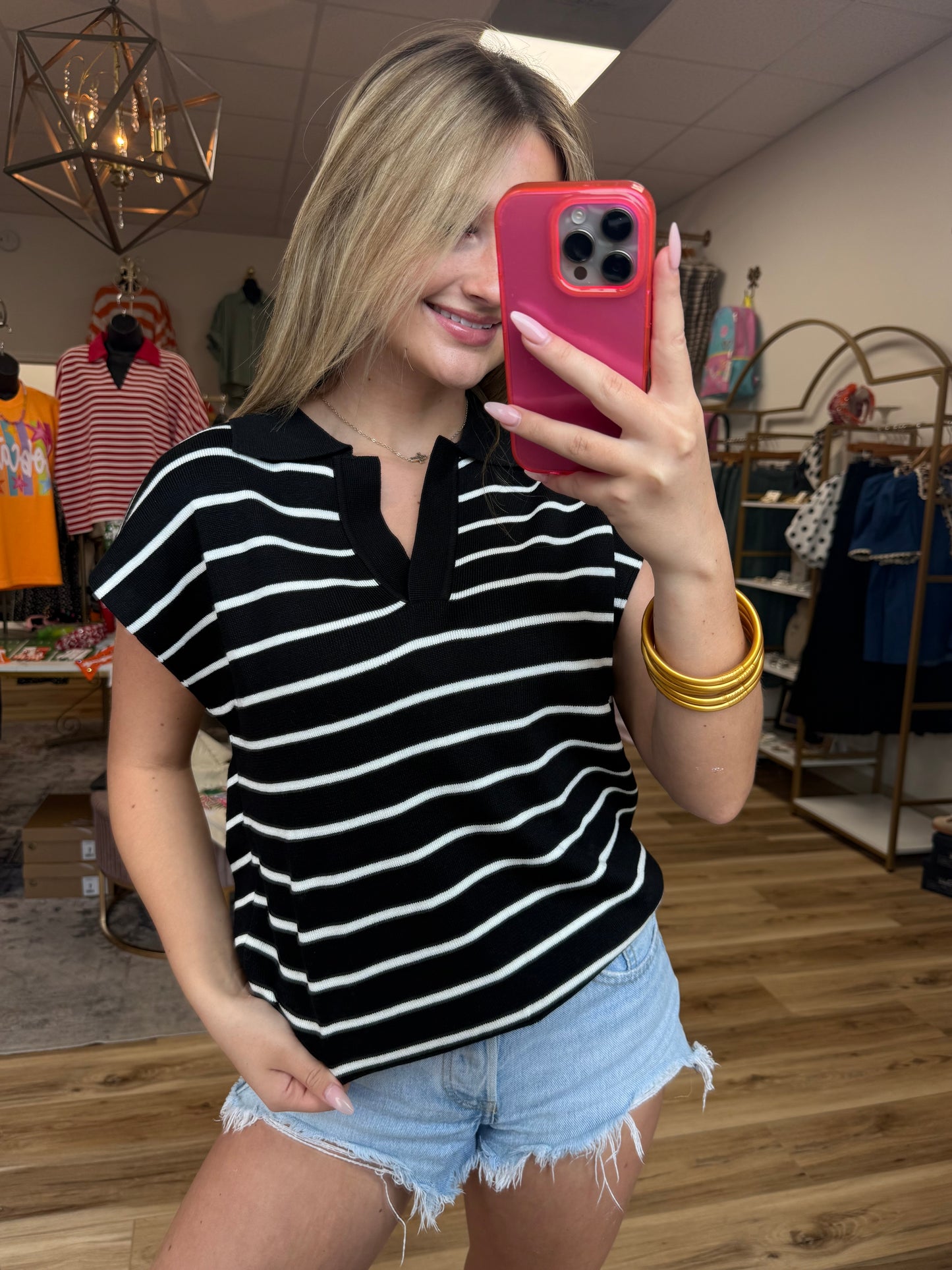 Black/White Striped Collared Top