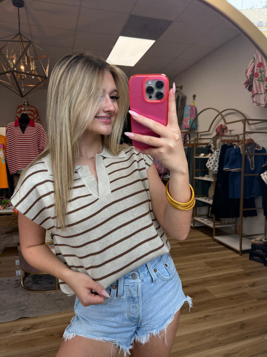 Beige/Brown Striped Collared Top