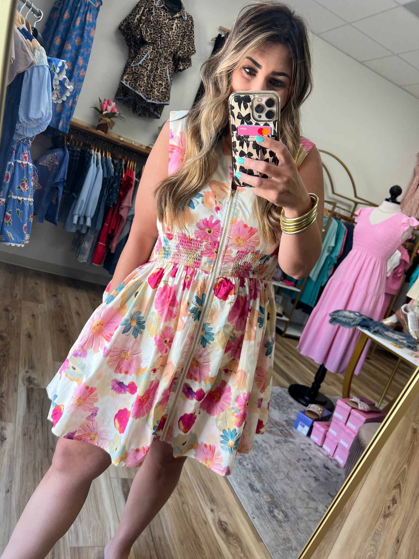Water Color Floral Zipper Dress
