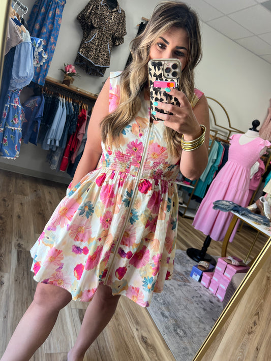 Water Color Floral Zipper Dress