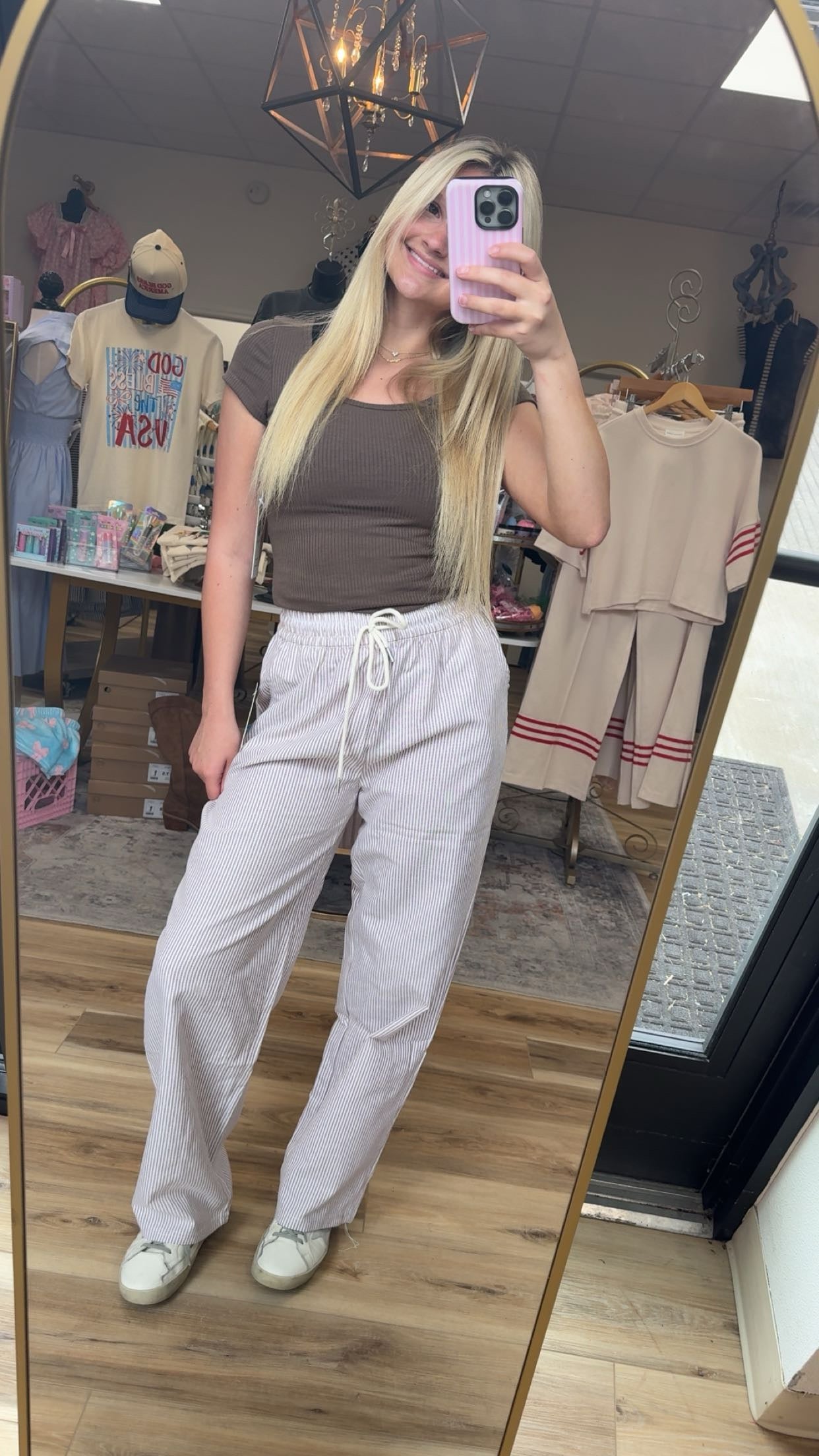 Brown/white striped linen pants