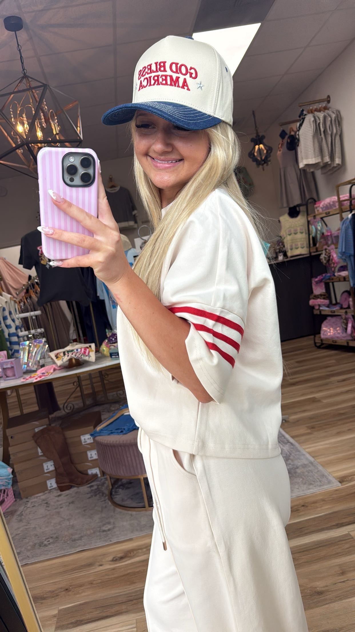 Beige/red striped two piece set